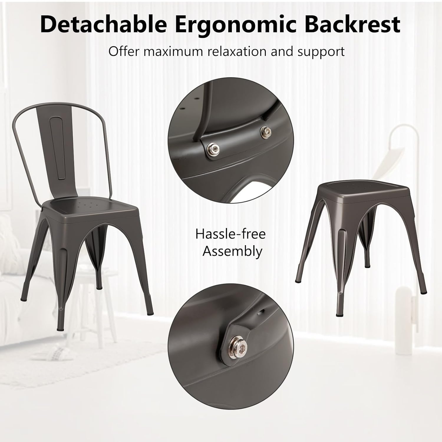 COSTWAY Metal Dining Chairs Set of 4, 18 Inch Stackable Industrial Kitchen Tolix Side Chairs with Detachable High Back for Dining Room, Cafe, Restaurant, Bistro (Bronze)