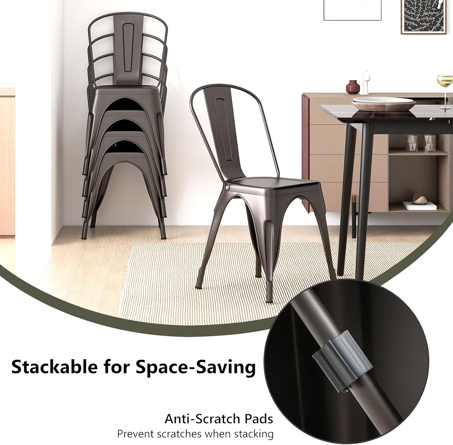 COSTWAY Metal Dining Chairs Set of 4, 18 Inch Stackable Industrial Kitchen Tolix Side Chairs with Detachable High Back for Dining Room, Cafe, Restaurant, Bistro (Bronze)