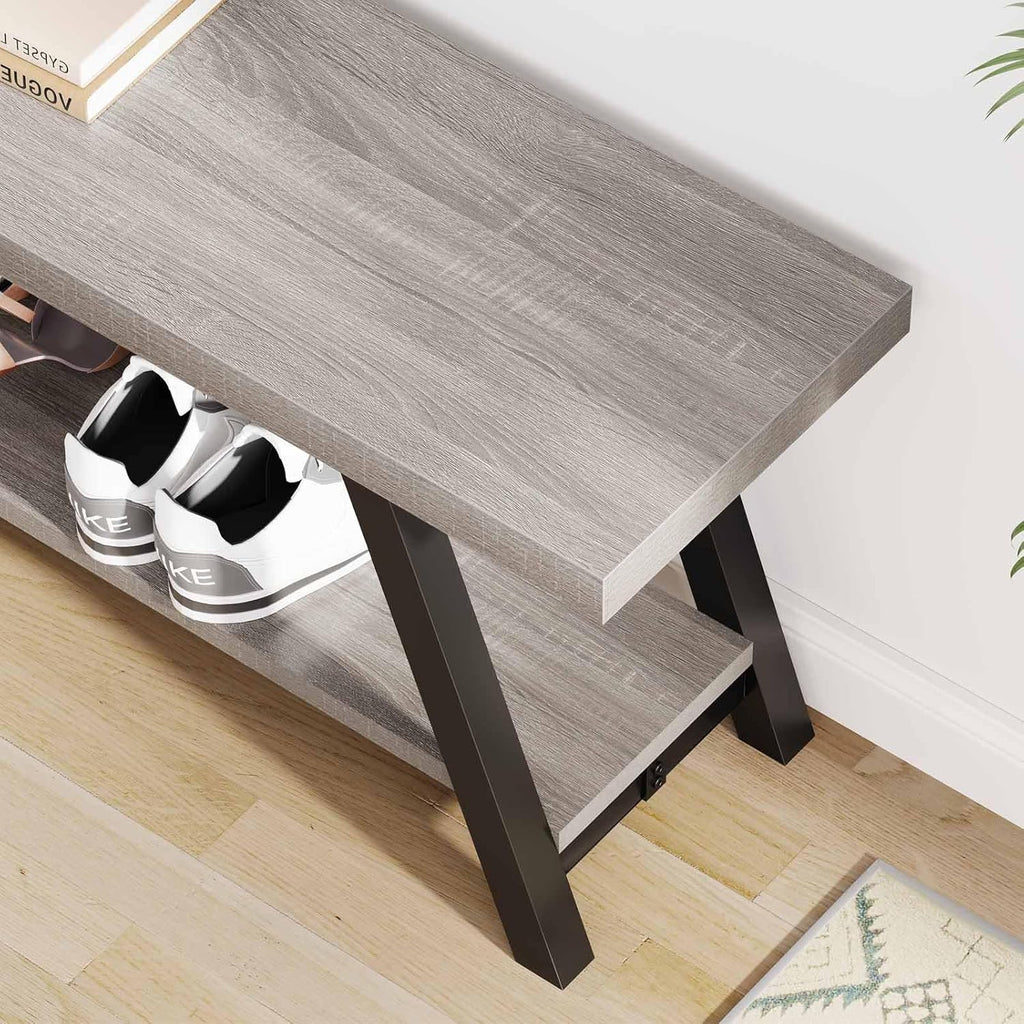 LVB Industrial Entryway Bench, Wood and Metal Storage Bench, Indoor Farmhouse Hallway Accent Entry Bench for Seating Sitting, Shoe Rack Organizer Cabinet in Foyer Bedroom, Light Grey Oak, 47 Inch Long