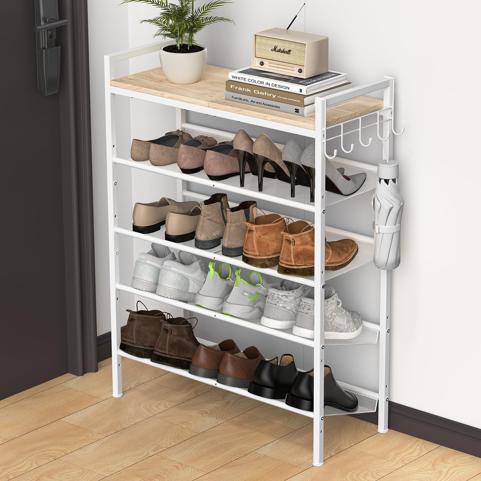 Refrze Shoe Rack for Front Door Entrance, 4 Tier Height-Adjustable Metal Shoe Rack, Sturdy Wooden Top and Tiltable Steel Frame Heavy Duty Shoe Organizer for Bathroom,Bedroom,Kitchen，Include Hook
