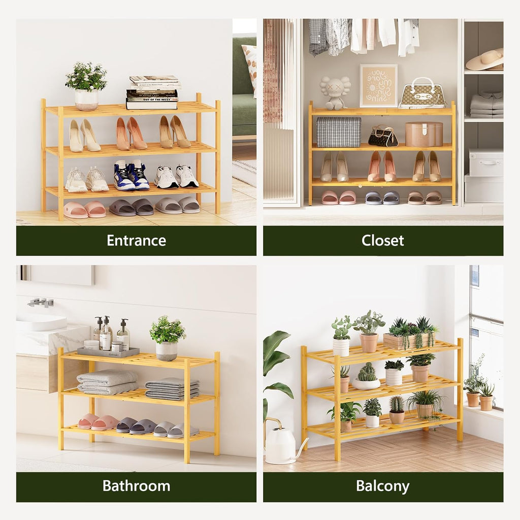 Bamboo Shoe Rack for Closet 3 Tier, Durable Wooden Shoe Rack, Space-Saving Stackable Shoe Organizer for Entryway, Dorm, Garage, Natural
