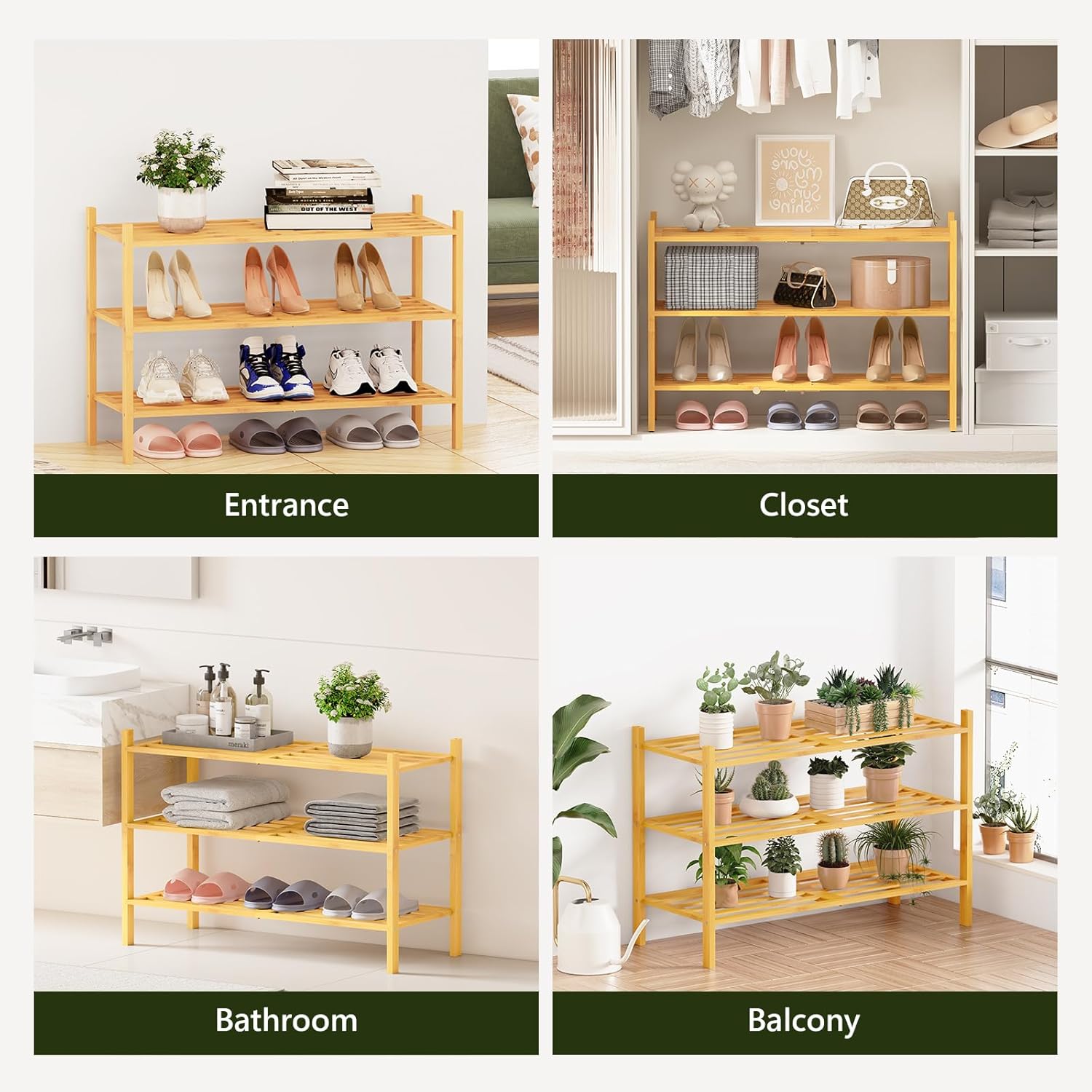 Bamboo Shoe Rack for Closet 3 Tier, Durable Wooden Shoe Rack, Space-Saving Stackable Shoe Organizer for Entryway, Dorm, Garage, Natural