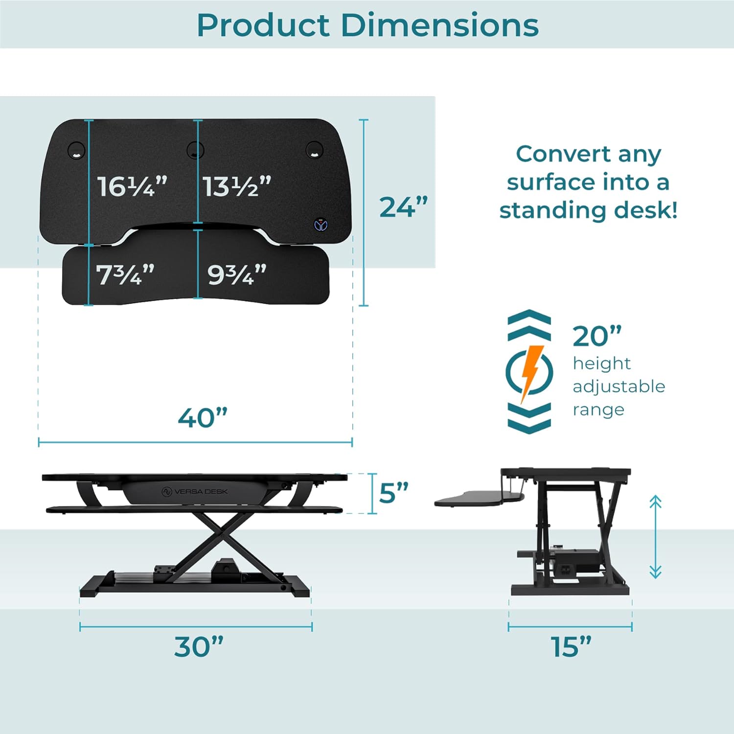 VERSADESK® PowerPro™ 40” x 24” Standing Desk Converter | 40 inch Electric Height Adjustable Sit to Stand Desk Riser w/ Keyboard Tray & USB Hub - Ergonomic Workstation for Home & Office, Black