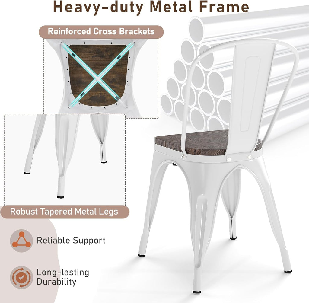 COSTWAY 18 Inch Dining Chair Set of 4, Industrial Vintage Stackable Metal Chairs, Counter Bar Chairs with High Backrest, Wood Seat, for Home, Kitchen and Cafe Bar Use