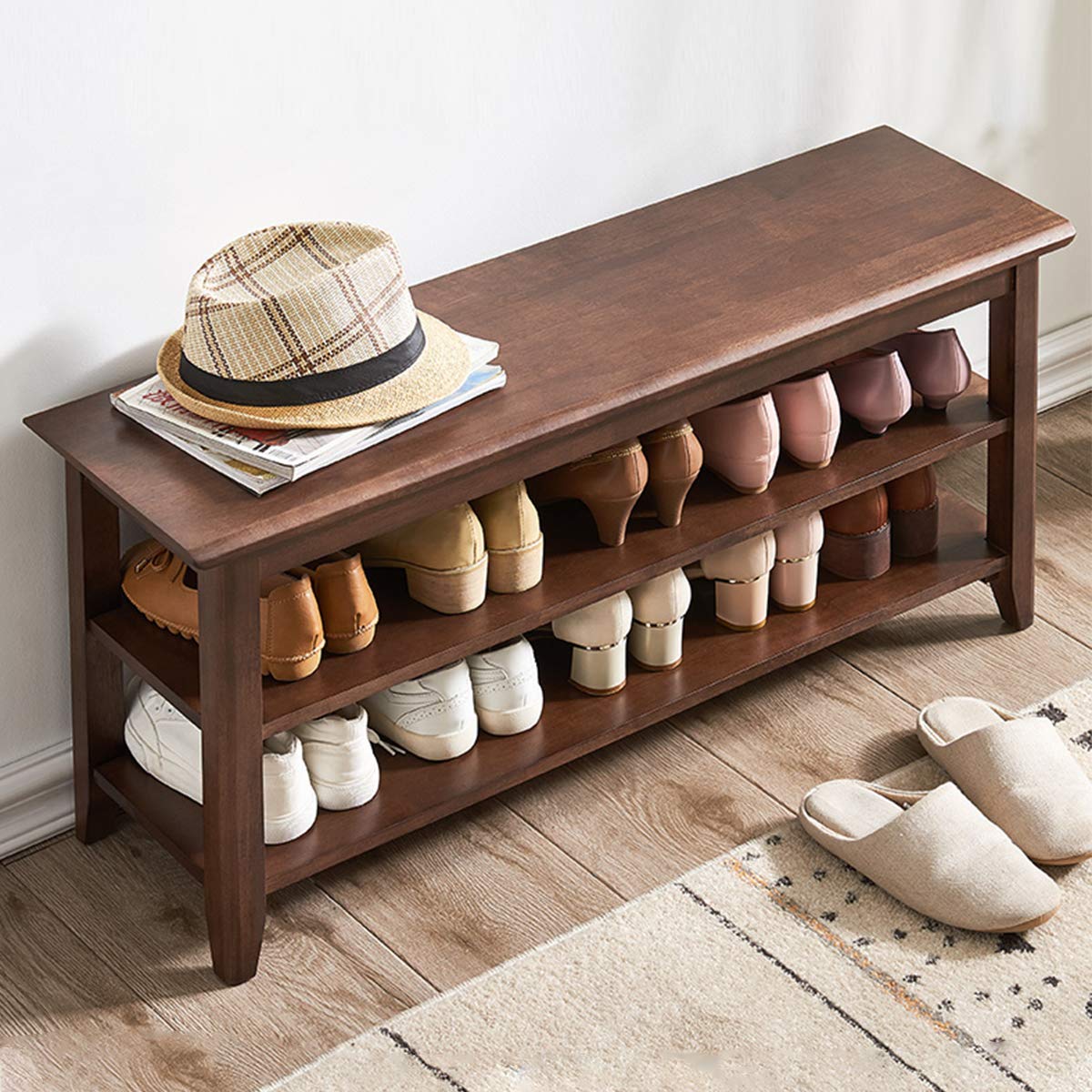XKZG Storage Bench Wooden Shoe Rack Bench Rustic Solid Wood Entryway Bench (Brown,31.5")
