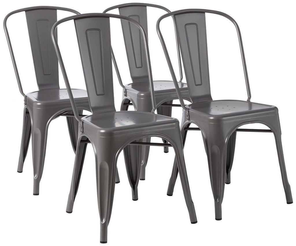 Amazon Basics Metal Dining Chairs, Easy to Assemble, Indoor/Outdoor, Stackable, 330-Pound Capacity, Dark Gray, 4-Pack, 20.1 x 17.1 x 33.5 inches