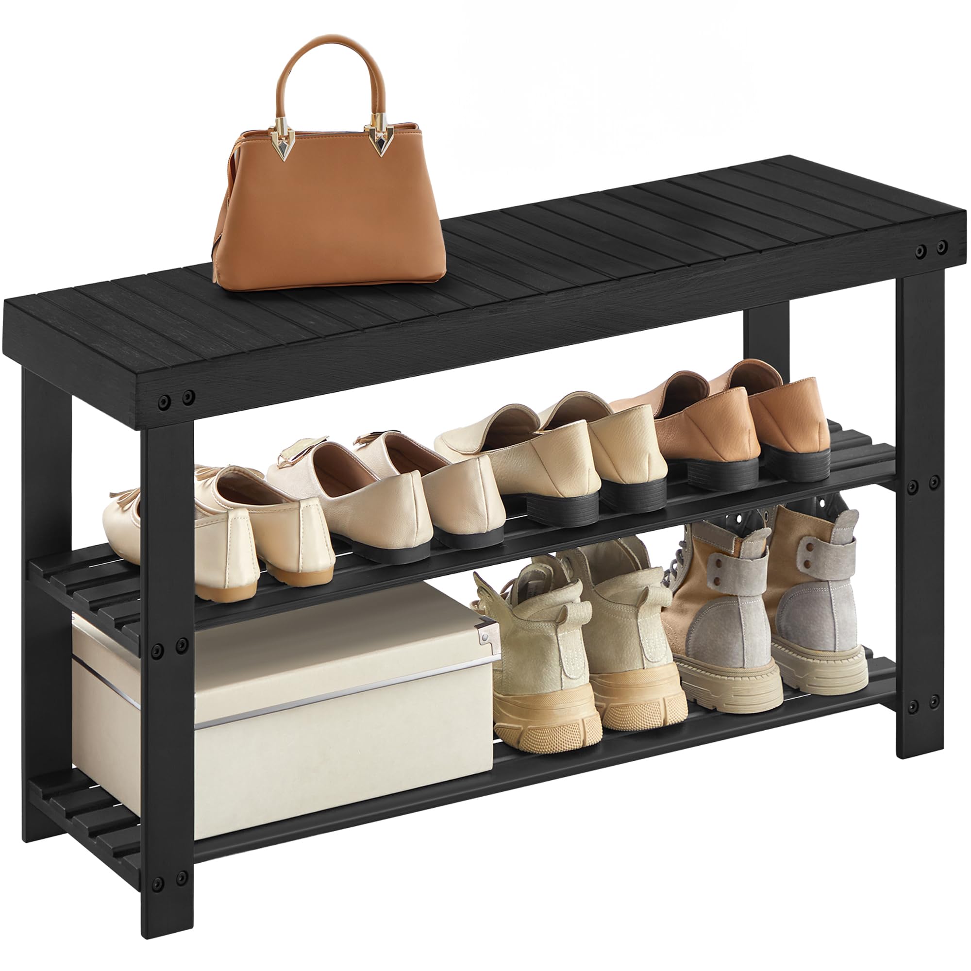 SONGMICS Shoe Rack Bench, 3-Tier Bamboo Shoe Storage Organizer, Entryway Bench, Holds Up to 286 lb, 11.3 x 27.6 x 17.8 Inches, for Entryway Bathroom Bedroom, Ink Black ULBS04H