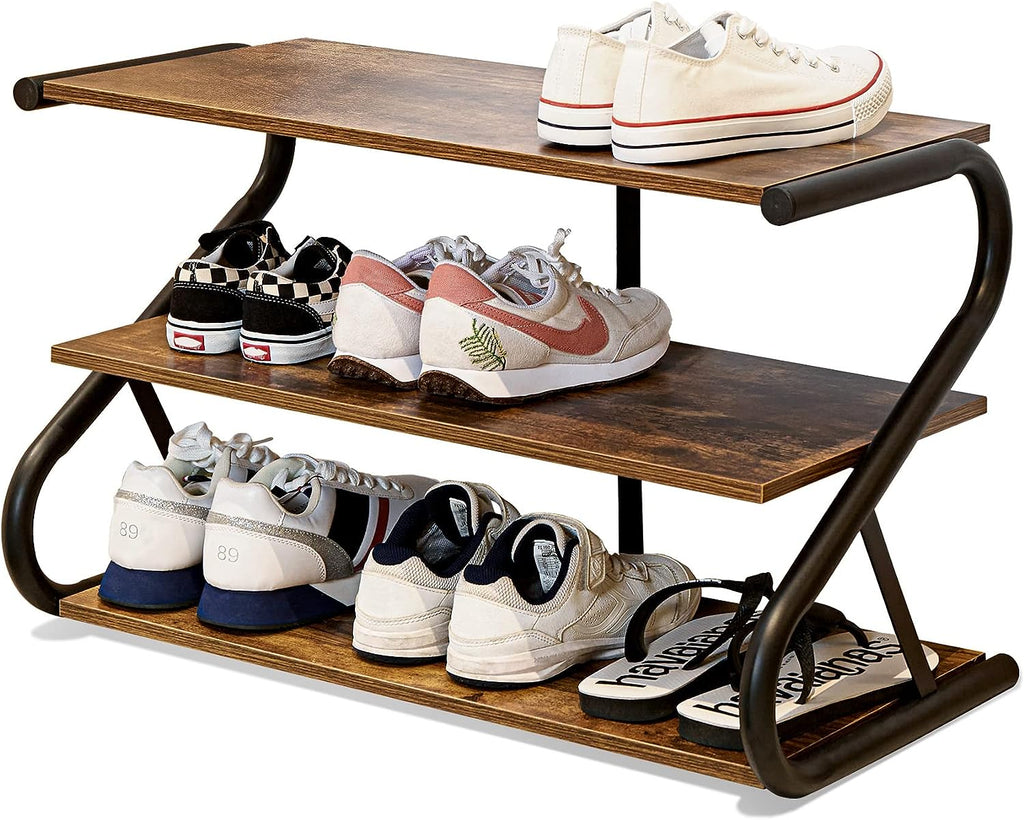 3-Tier Shoe Rack, Wooden Shoe Storage with S Shape Heavy Duty Metal Free Standing, Shoe Organizer Shelf for Entryway, Living Room, Closet, Bedroom (Rustic)