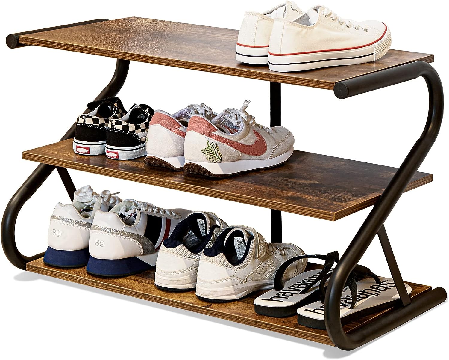 3-Tier Shoe Rack, Wooden Shoe Storage with S Shape Heavy Duty Metal Free Standing, Shoe Organizer Shelf for Entryway, Living Room, Closet, Bedroom (Rustic)