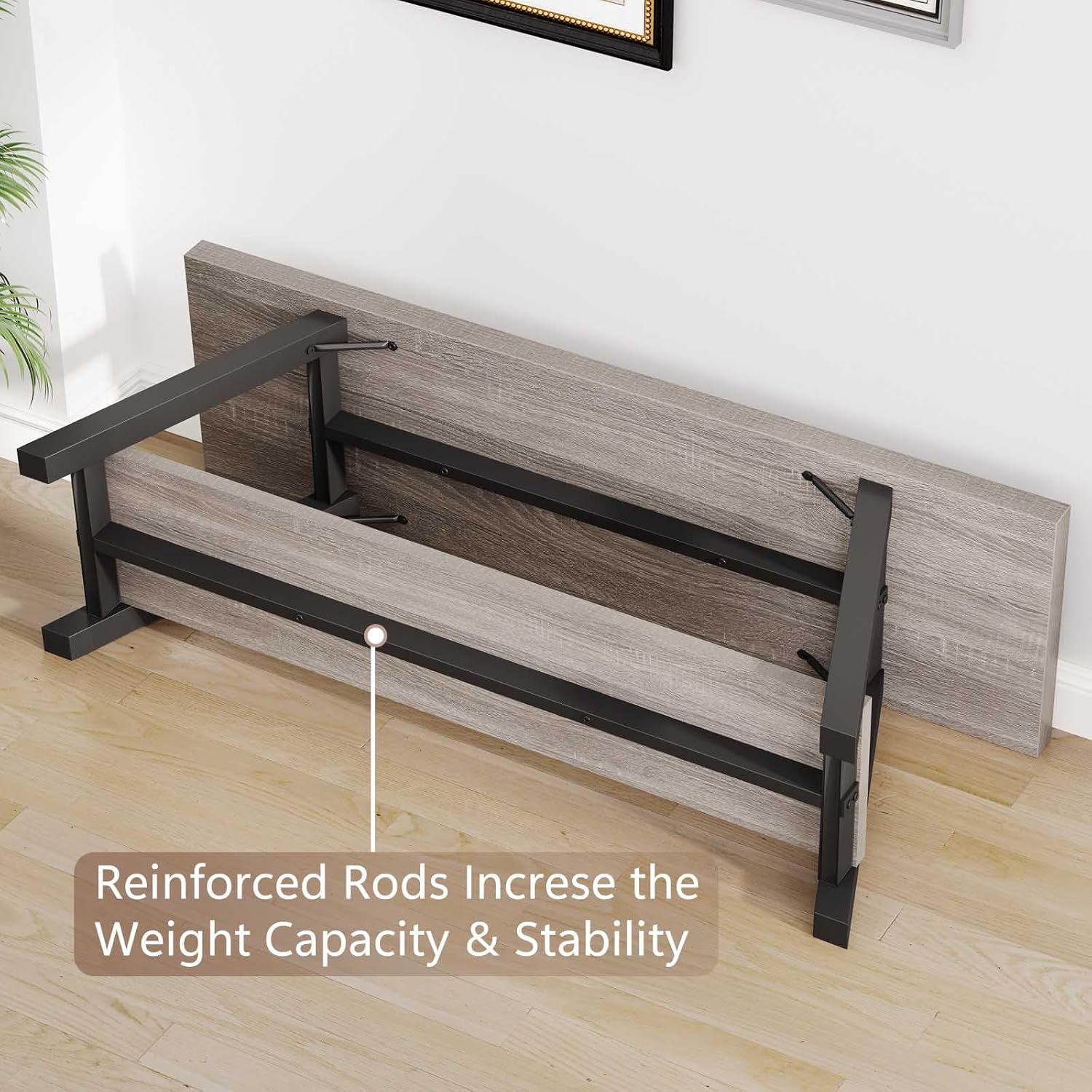 LVB Industrial Entryway Bench, Wood and Metal Storage Bench, Indoor Farmhouse Hallway Accent Entry Bench for Seating Sitting, Shoe Rack Organizer Cabinet in Foyer Bedroom, Light Grey Oak, 47 Inch Long