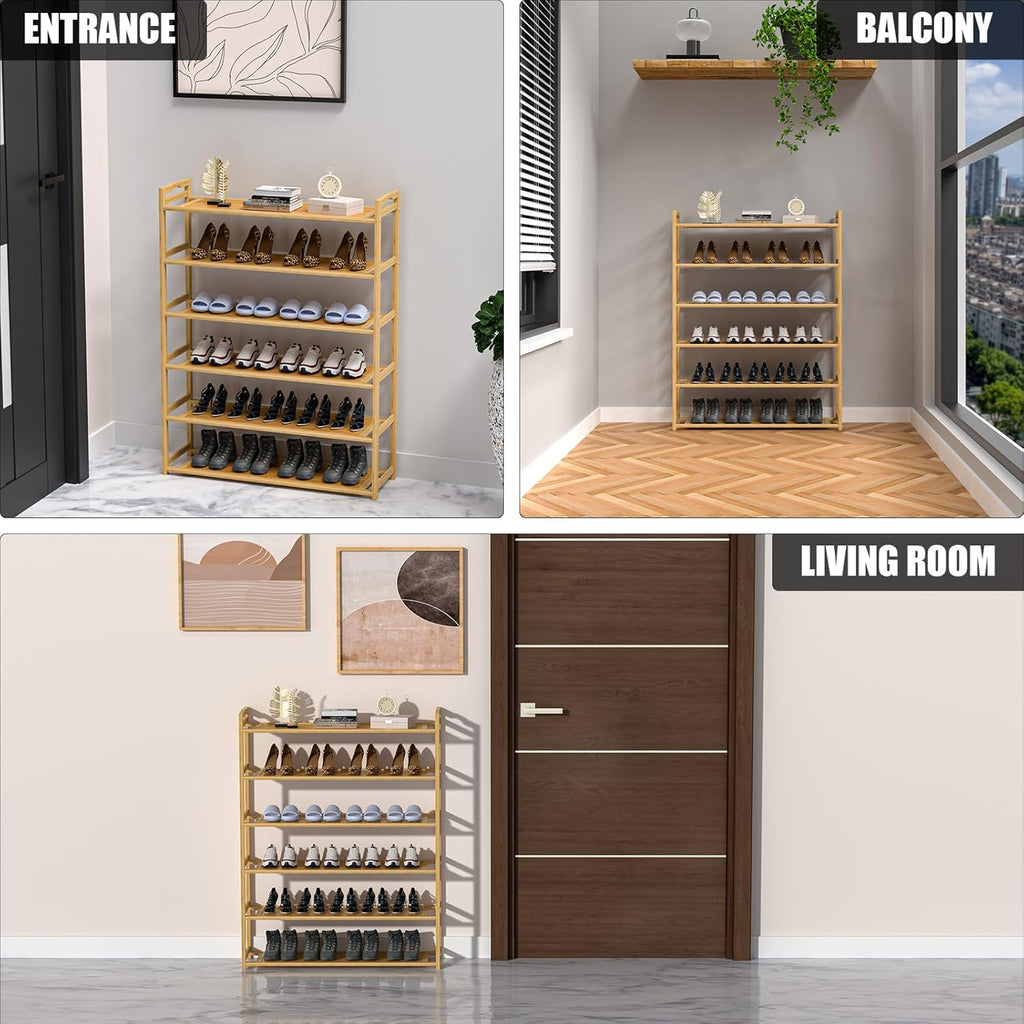 6-Tier Free Standing Shoe Racks, Bamboo Wood Shoe Rack for Entryway & Closet, Holds up to 24 Pairs of Shoes