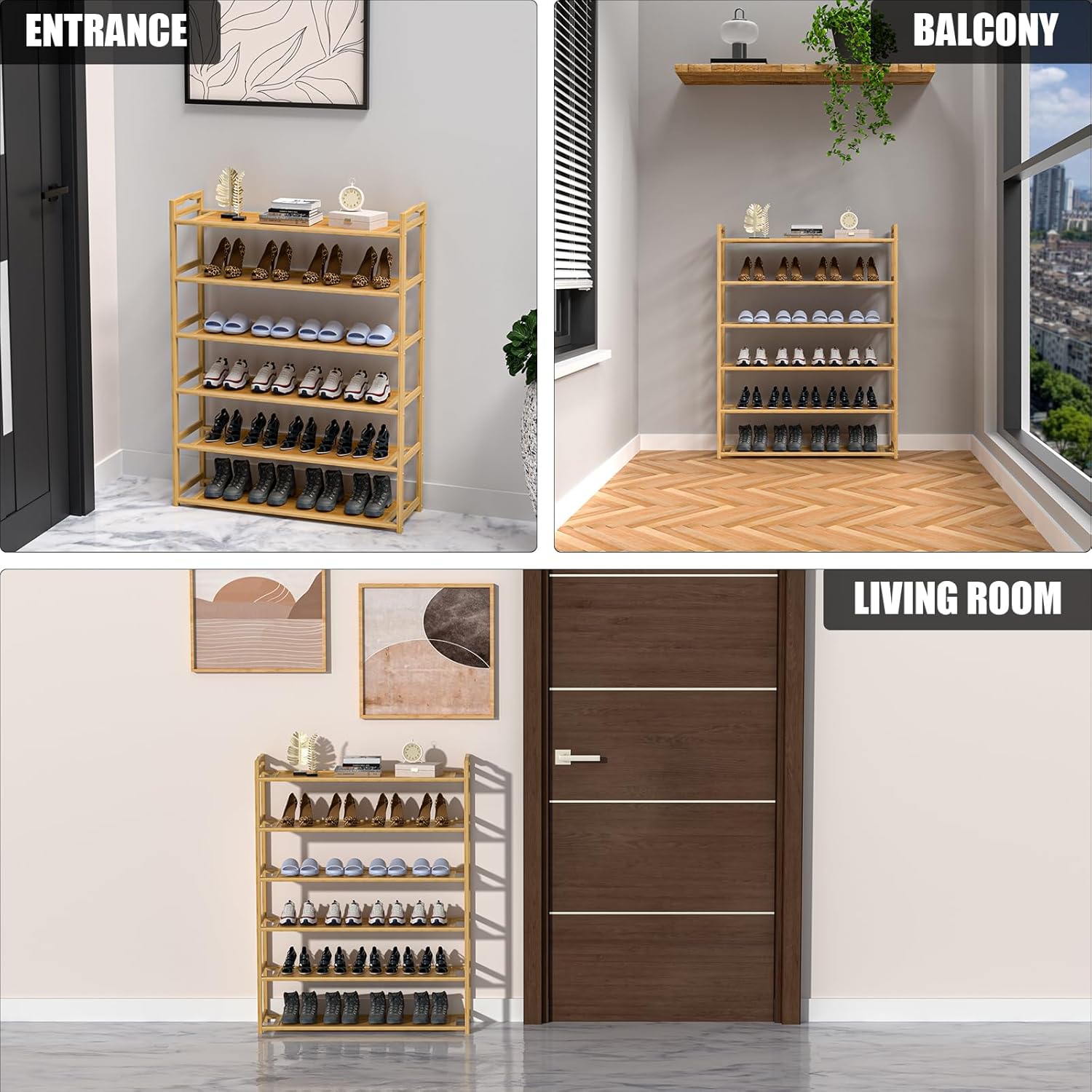 6-Tier Free Standing Shoe Racks, Bamboo Wood Shoe Rack for Entryway & Closet, Holds up to 24 Pairs of Shoes