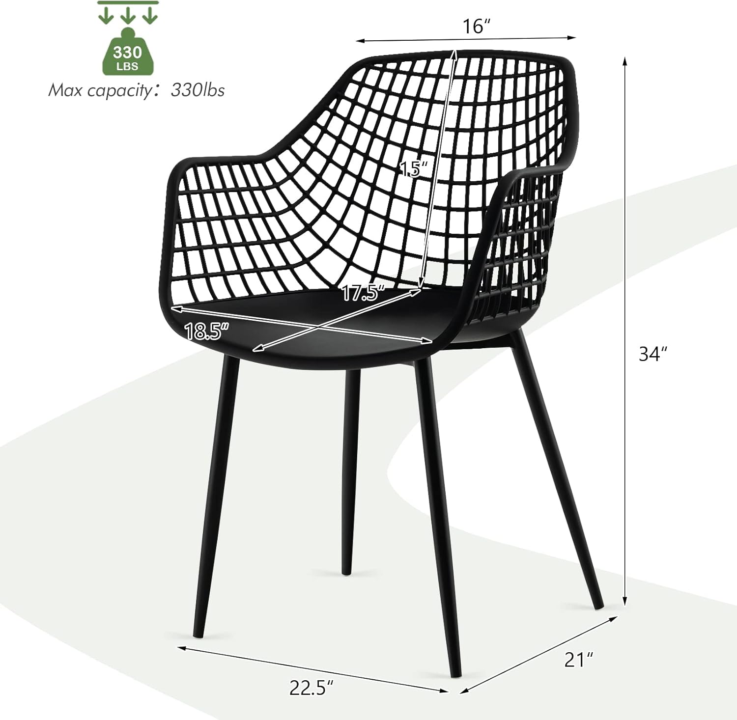 Giantex Modern Dining Chairs Set of 4 - Black Arm Chair with 15" High Backrest, Powder-Coated Metal Legs, Anti-Slip Foot Pads, Max Load 265 lbs, Kitchen Dining Room