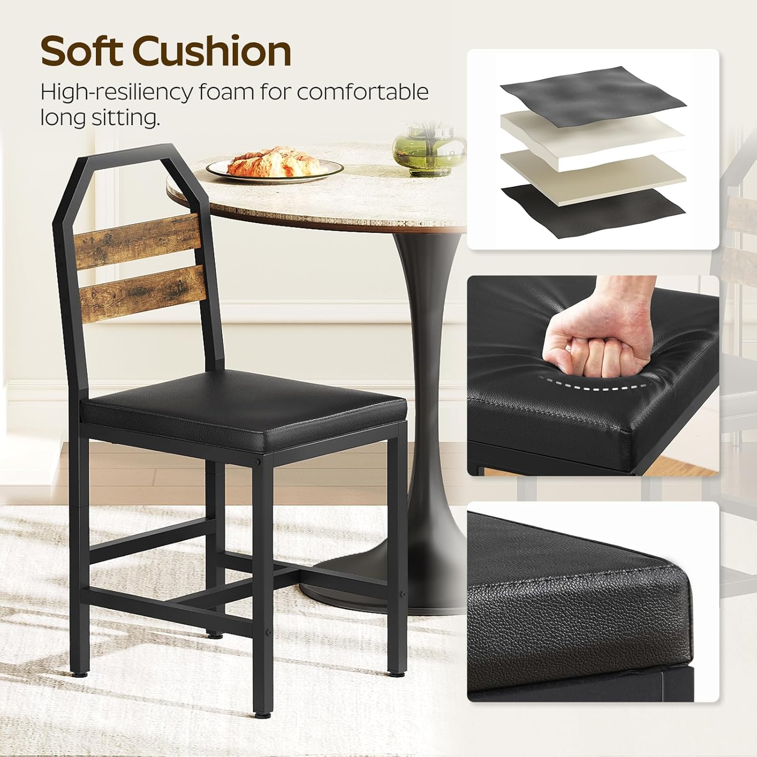 Dining Chairs, Kitchen Chairs with Back Support, Upholstered Seat and Metal Legs, for Kitchen, Living Room, Rustic Brown and Black CY02L4BR