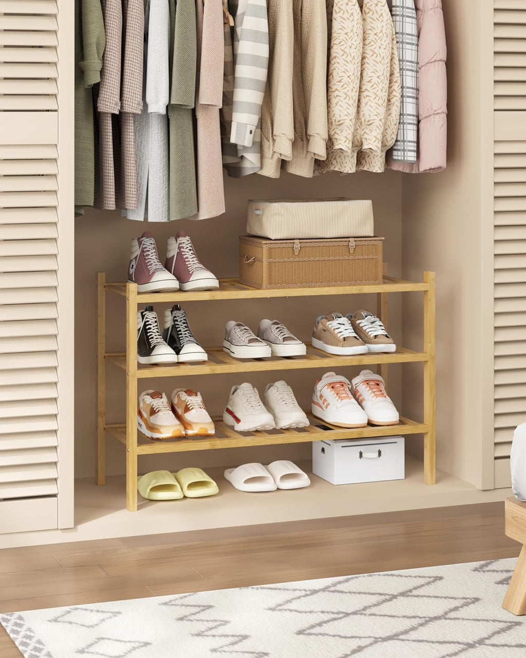 Kitsure Bamboo Wooden Shoe Rack for Closet - Stackable Shoe Organizer with Modular Structure, Space-Saving Shoe Shelf for Entryway, Living Room, Bedroom, 26.8" x 11" x 18.9", Natural