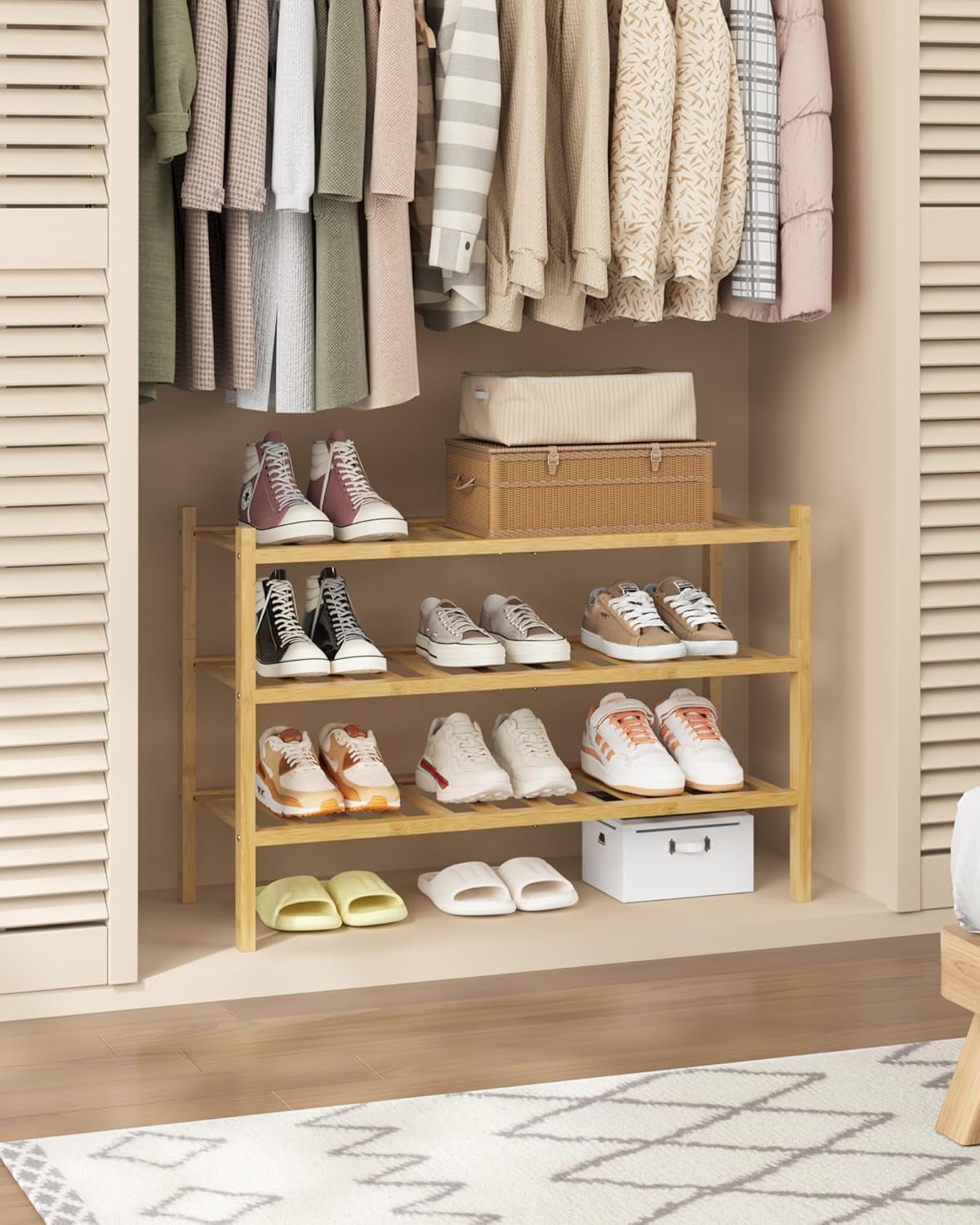 Kitsure Bamboo Wooden Shoe Rack for Closet - Stackable Shoe Organizer with Modular Structure, Space-Saving Shoe Shelf for Entryway, Living Room, Bedroom, 26.8" x 11" x 18.9", Natural