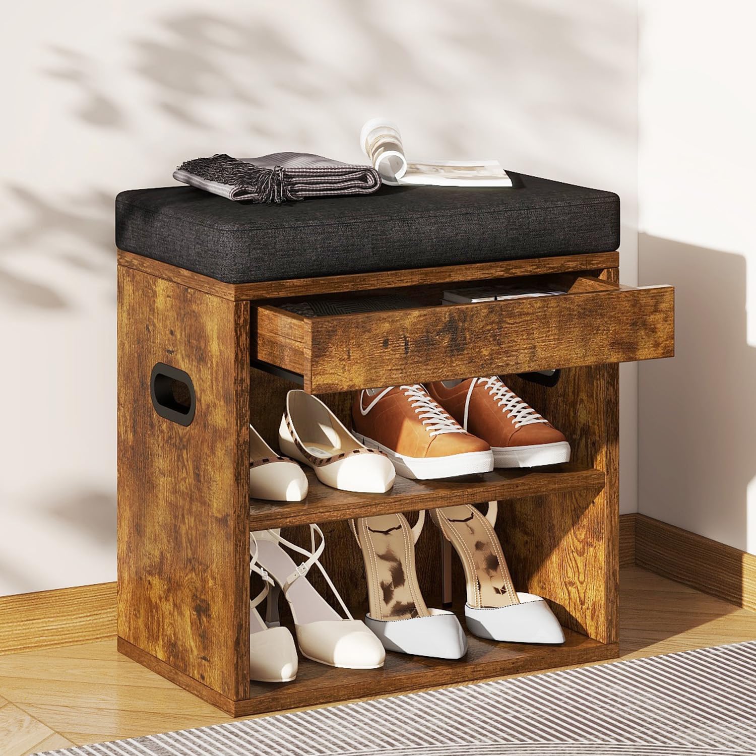 YMYNY Small Shoe Storage Bench with Cushion and Drawer, 2 Tier Adjustable Entryway Bench with Storage, Wooden Shoe Rack Bench for Entryway, Living Room, Hallway, Bedroom, Light Natural, HSC002R