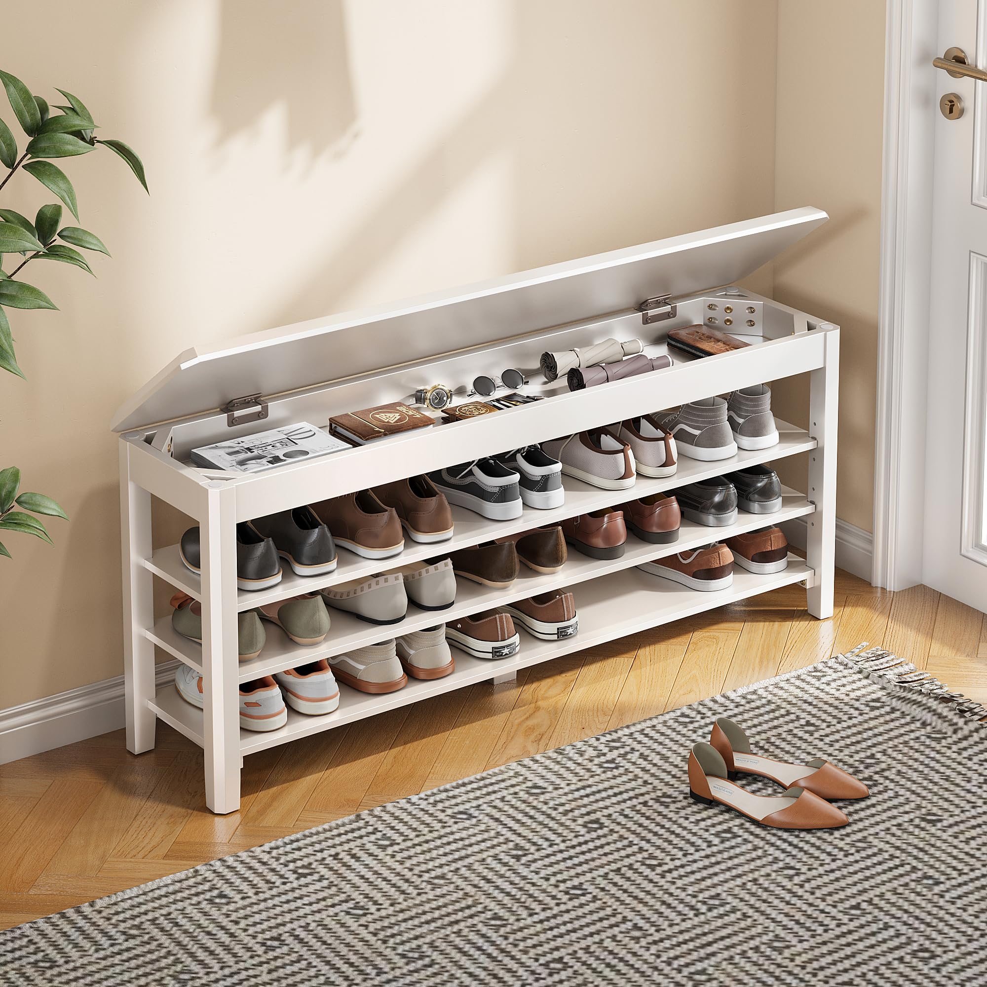 Shoe Rack Bench Seat Rubberwood 3-Tier Wooden Storage Bench 550lbs Compact Mid-Century Modern Design for Entryway, Hallway, Closet, Front Door Entrance, Foyer