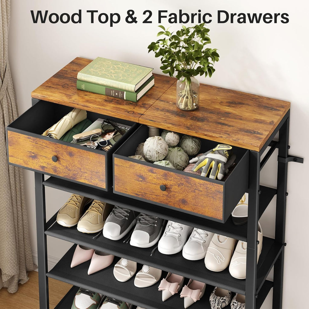 Kitstorack Shoe Rack, 5 Tier Shoe Organizer for 12-16 Pairs of Shoes, with 2 Drawers, 3 Fabric Shelves and Wooden Top, Shoe Rack for Closet Entryway, Rustic Brown