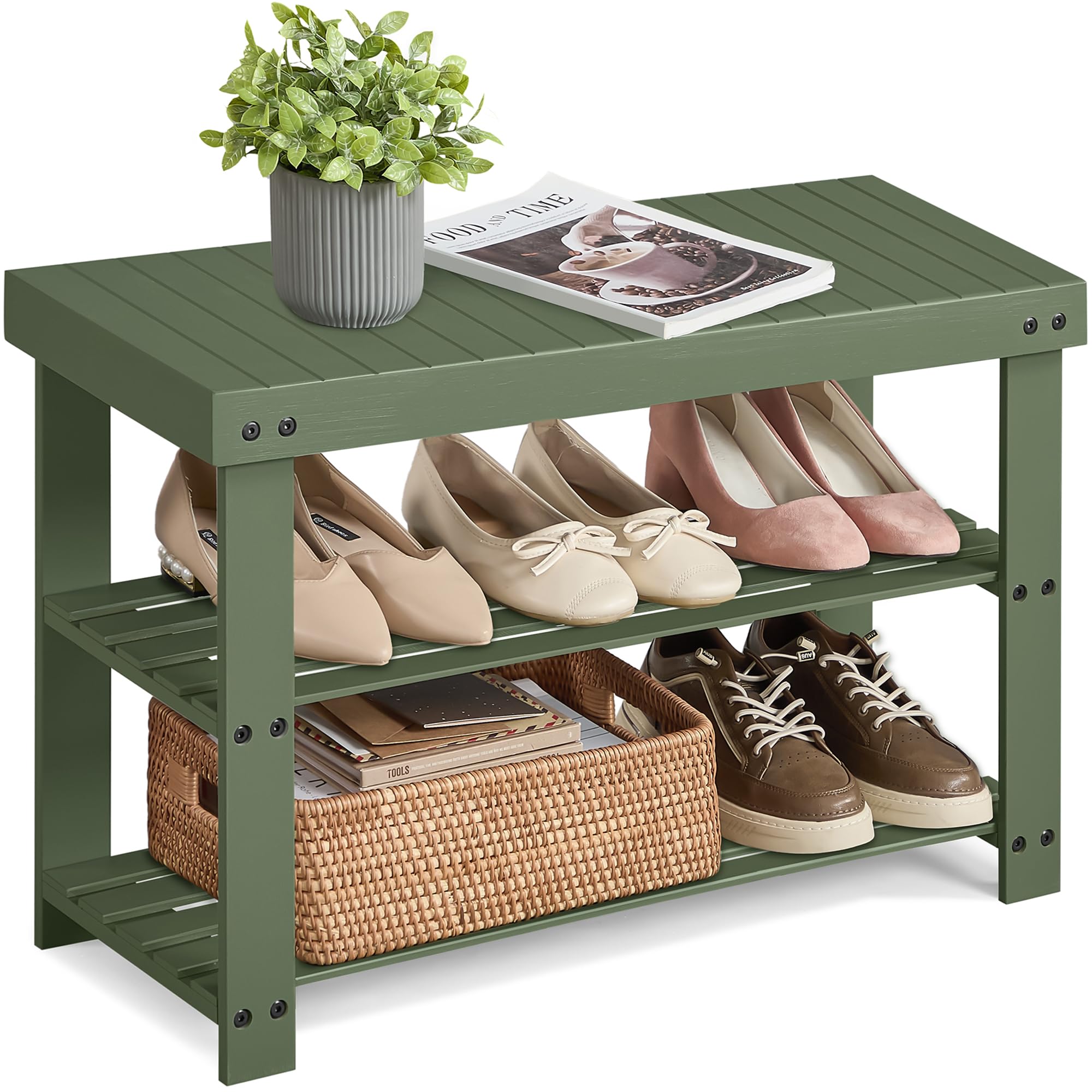 SONGMICS Shoe Rack Bench, 3-Tier Bamboo Shoe Storage Organizer, Entryway Bench, Holds Up to 286 lb, 11.3 x 27.6 x 17.8 Inches, for Entryway Bathroom Bedroom, Ink Black ULBS04H