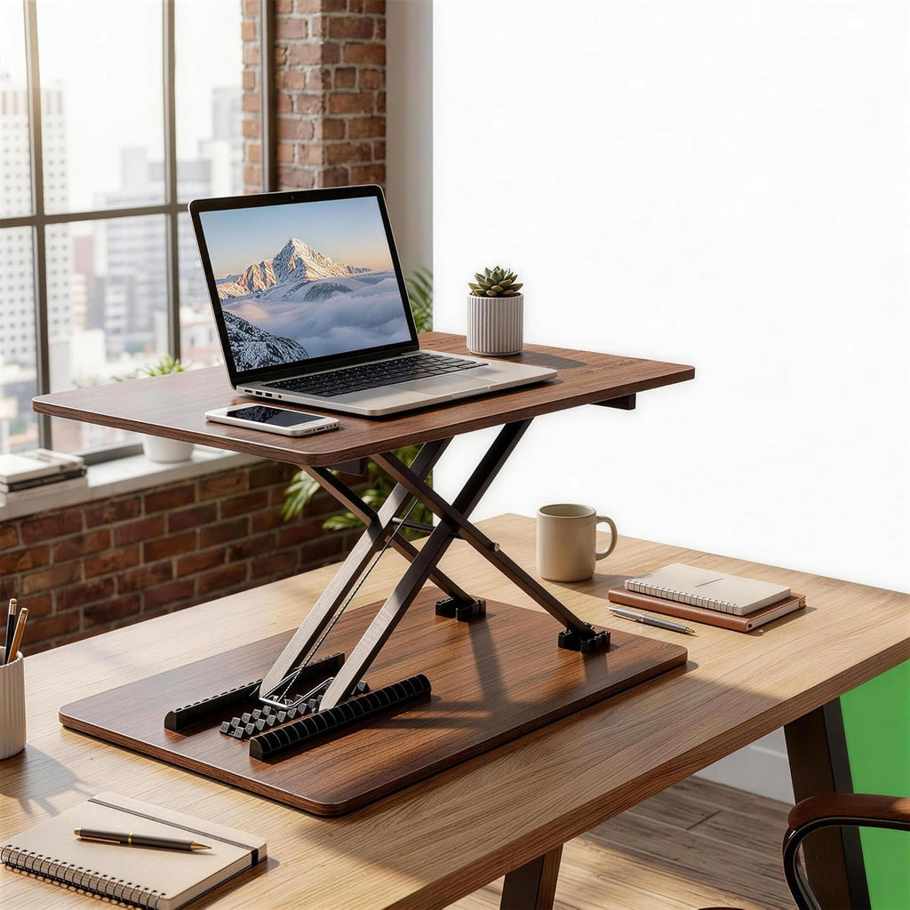 Standing Desk Converter Adjustable Height, 25.16" × 15.75" Height Adjustable Desktop Riser, No Assembly Required, Desktop Workstation for Laptop, Monitor and Office Use (Natural Wood) (Natural)