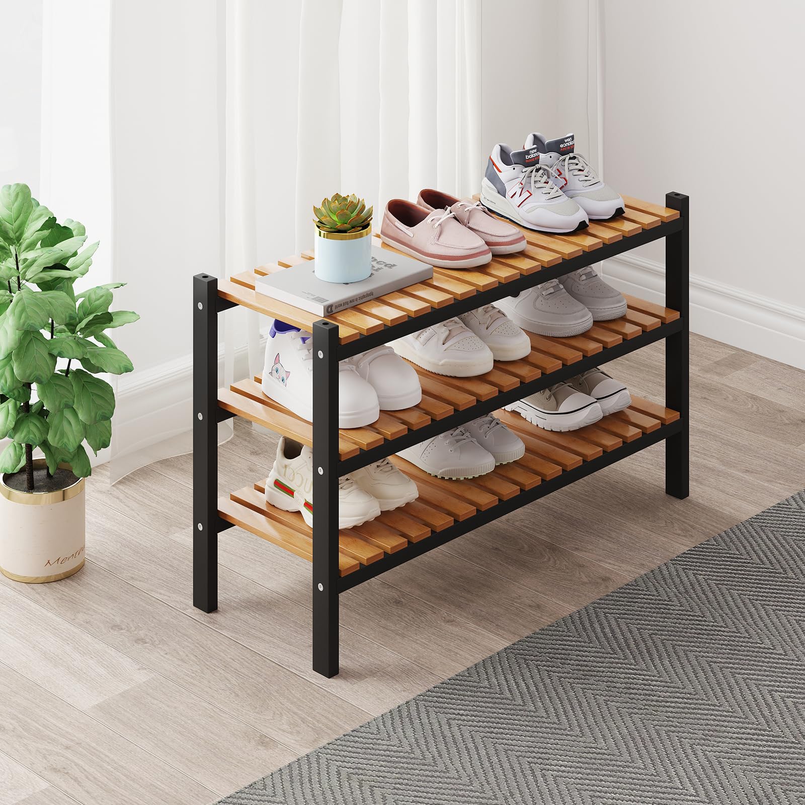 Bamboo Shoe Rack Organizer for Closet and Entryway - Space-Saving Narrow Shoe Stand - Versatile Shoe Holder for Door or Closet Shelf,Garage Bedroom can Freely Stack DIY Small Shoe Racks 3 Tier Brown