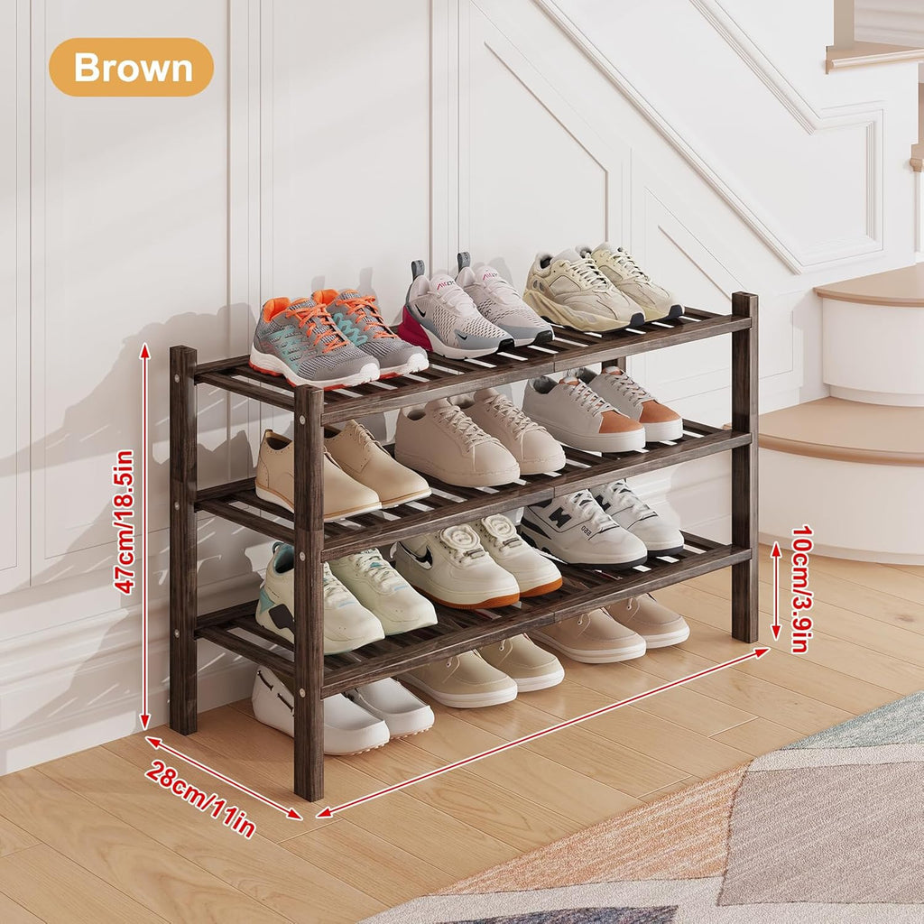 Bamboo Shoe Rack Organizer for Closet and Entryway - Space-Saving Narrow Shoe Stand - Versatile Shoe Holder for Door or Closet Shelf,Garage Bedroom can Freely Stack DIY Small Shoe Racks 3 Tier Brown