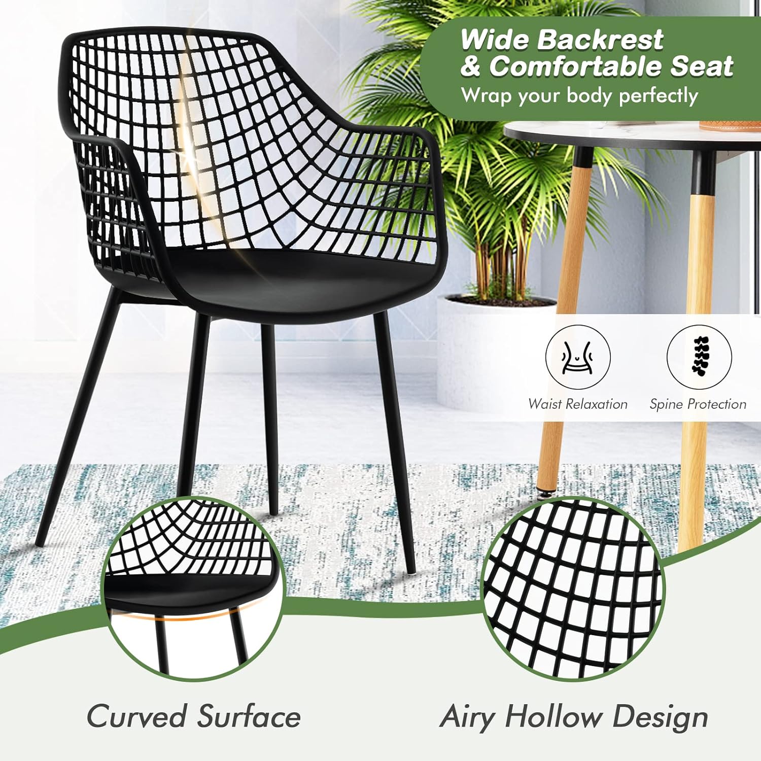 Giantex Modern Dining Chairs Set of 4 - Black Arm Chair with 15" High Backrest, Powder-Coated Metal Legs, Anti-Slip Foot Pads, Max Load 265 lbs, Kitchen Dining Room