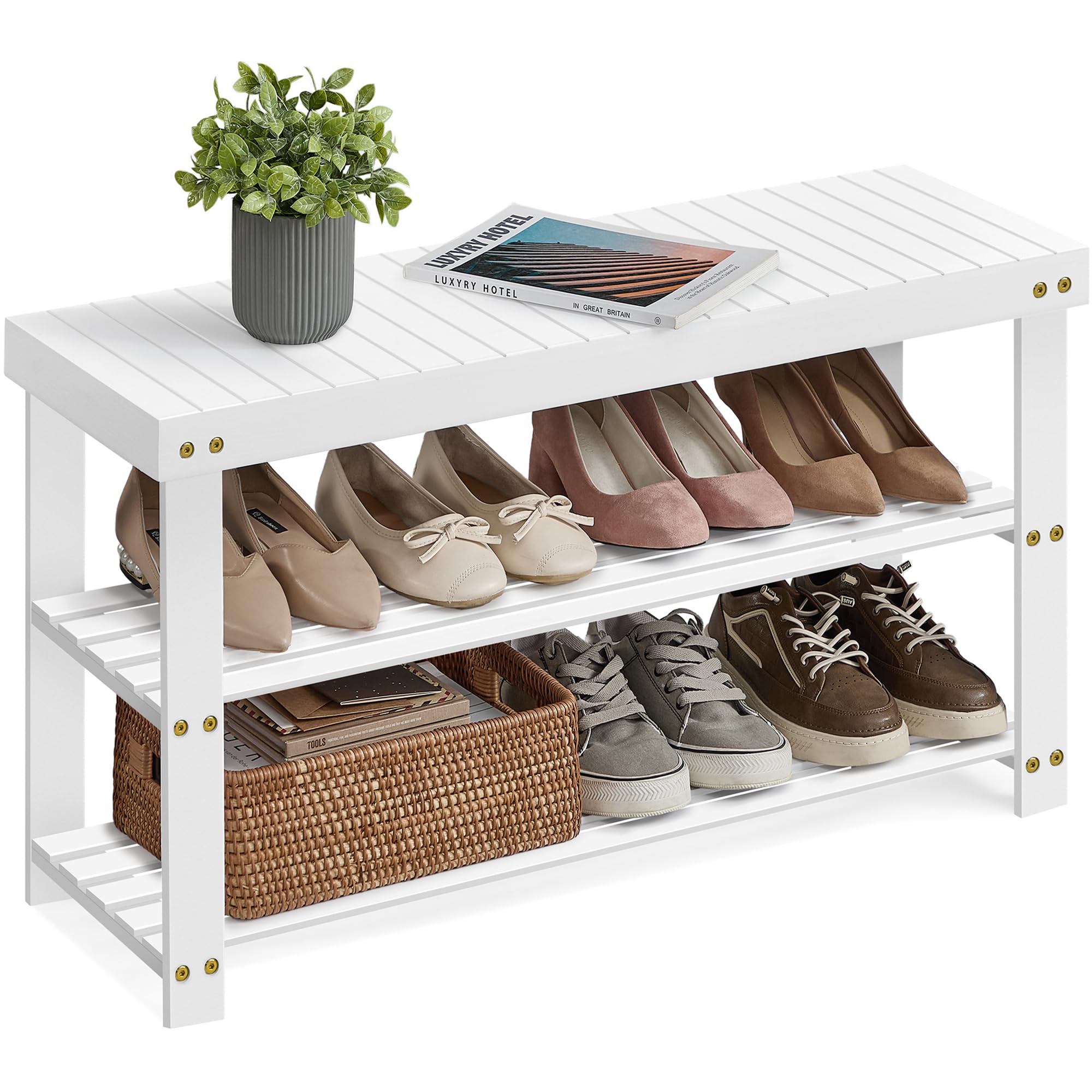 SONGMICS Shoe Rack Bench, 3-Tier Bamboo Shoe Storage Organizer, Entryway Bench, Holds Up to 286 lb, 11.3 x 27.6 x 17.8 Inches, for Entryway Bathroom Bedroom, Ink Black ULBS04H