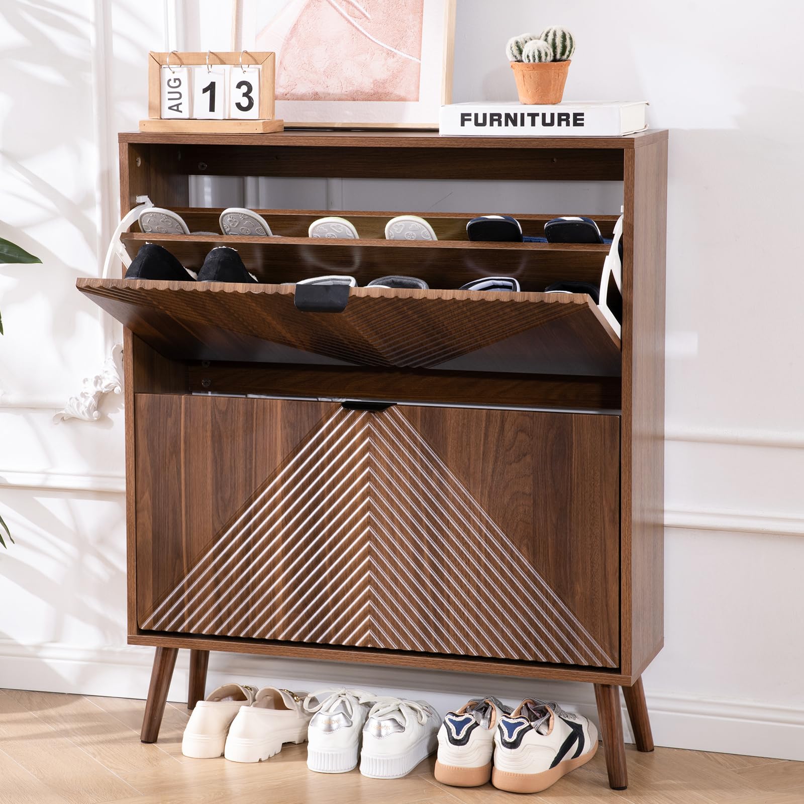 Shoe Cabinet Storage, Farmhouse Freestanding Organizer with 2 Flip Drawers and 4 Wooden feet, Narrow Shoe Rack Cabinet for Entryway, Foyer, Hallway, Black