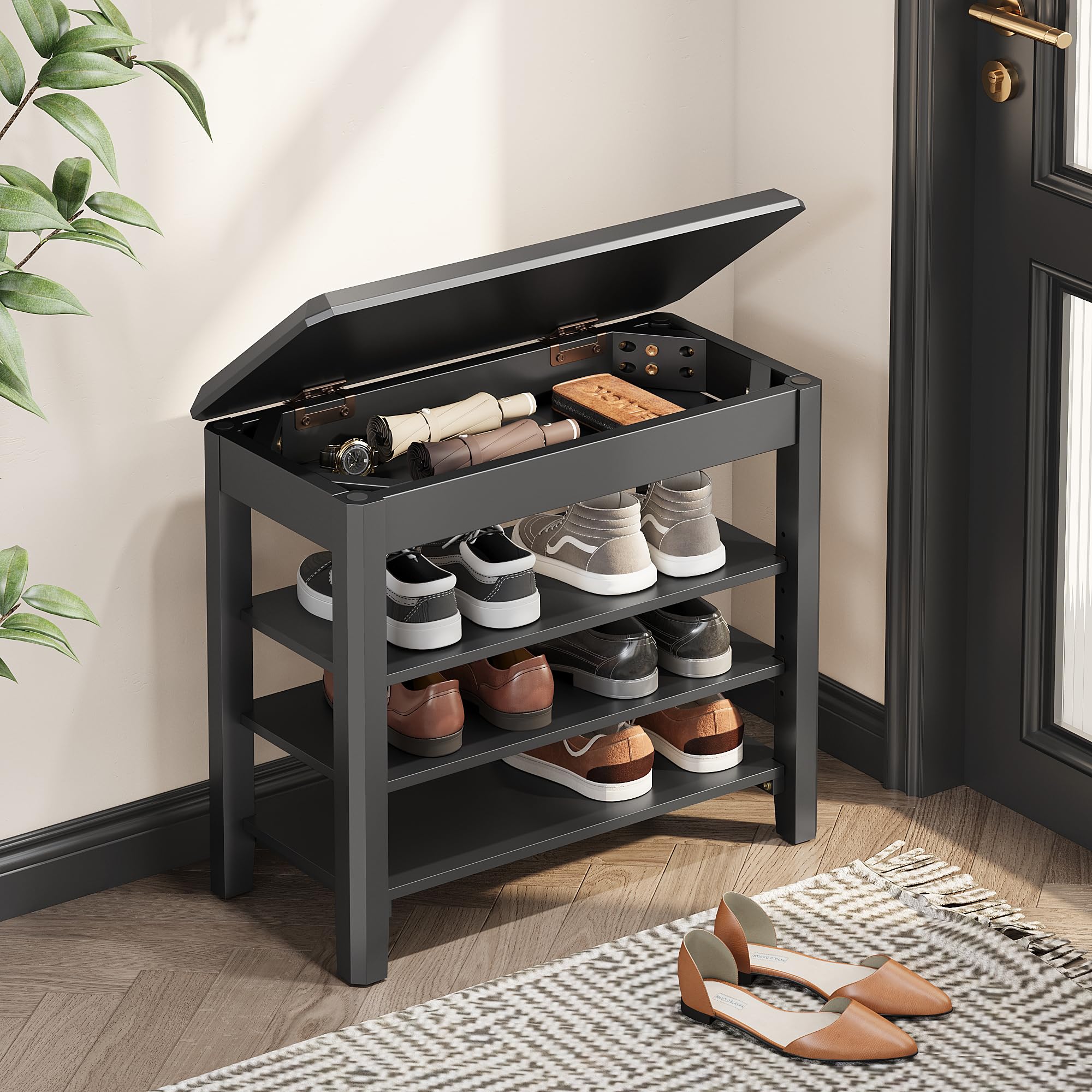 Shoe Rack Bench Seat Rubberwood 3-Tier Wooden Storage Bench 550lbs Compact Mid-Century Modern Design for Entryway, Hallway, Closet, Front Door Entrance, Foyer