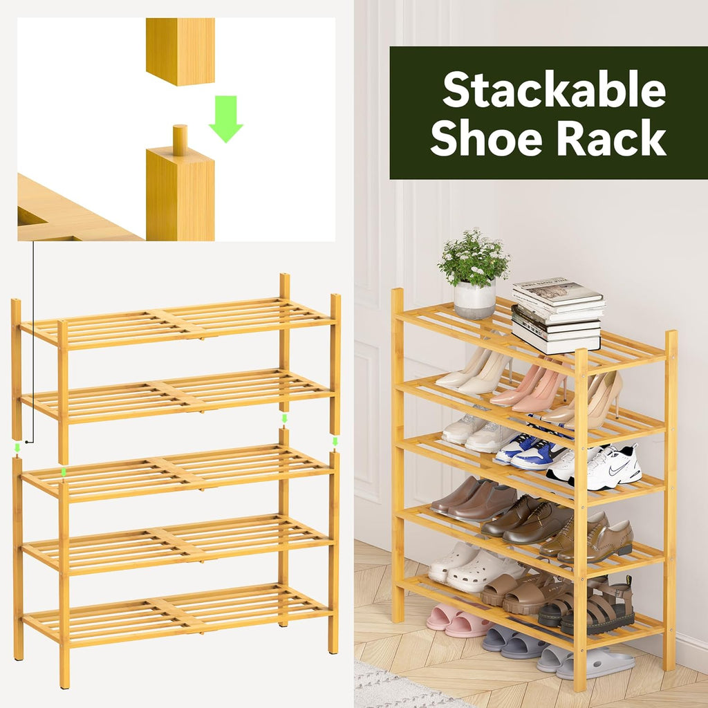Bamboo Shoe Rack for Closet 3 Tier, Durable Wooden Shoe Rack, Space-Saving Stackable Shoe Organizer for Entryway, Dorm, Garage, Natural
