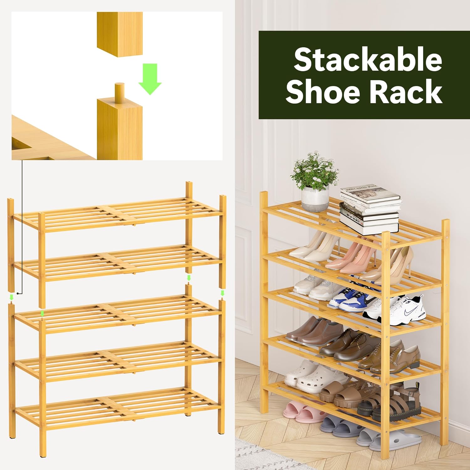 Bamboo Shoe Rack for Closet 3 Tier, Durable Wooden Shoe Rack, Space-Saving Stackable Shoe Organizer for Entryway, Dorm, Garage, Natural