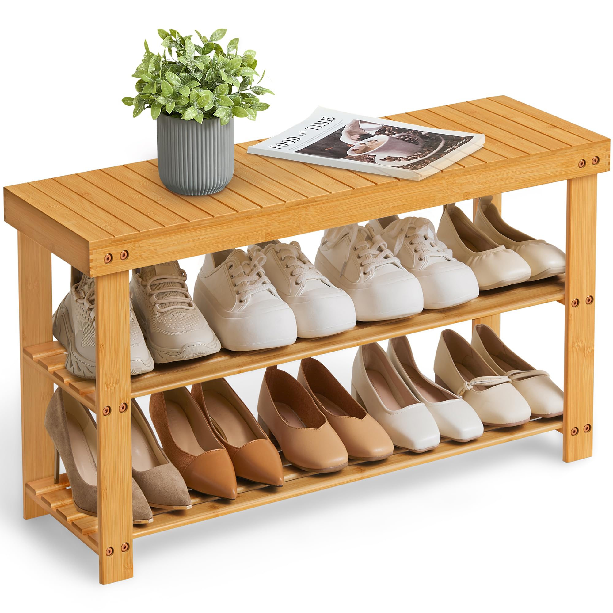 SONGMICS Shoe Rack Bench, 3-Tier Bamboo Shoe Storage Organizer, Entryway Bench, Holds Up to 286 lb, 11.3 x 27.6 x 17.8 Inches, for Entryway Bathroom Bedroom, Ink Black ULBS04H