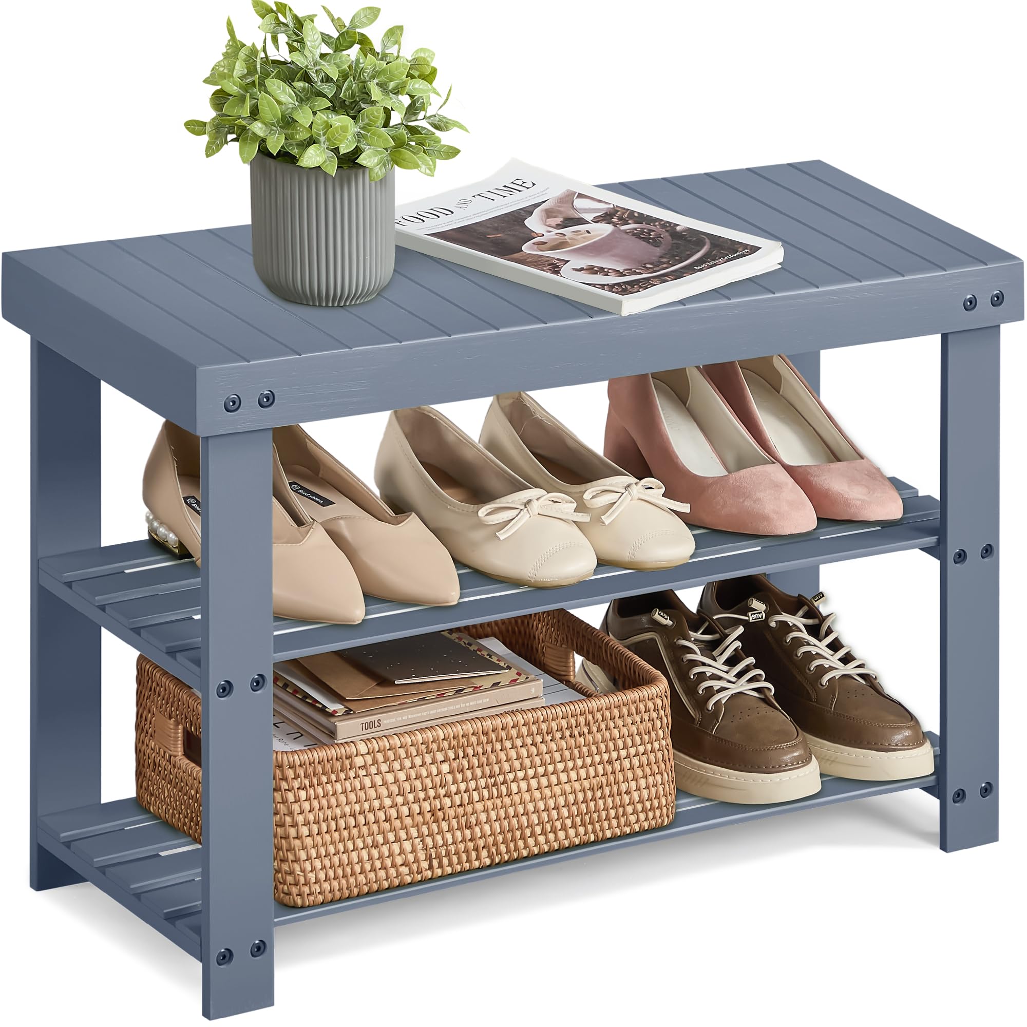 SONGMICS Shoe Rack Bench, 3-Tier Bamboo Shoe Storage Organizer, Entryway Bench, Holds Up to 286 lb, 11.3 x 27.6 x 17.8 Inches, for Entryway Bathroom Bedroom, Ink Black ULBS04H