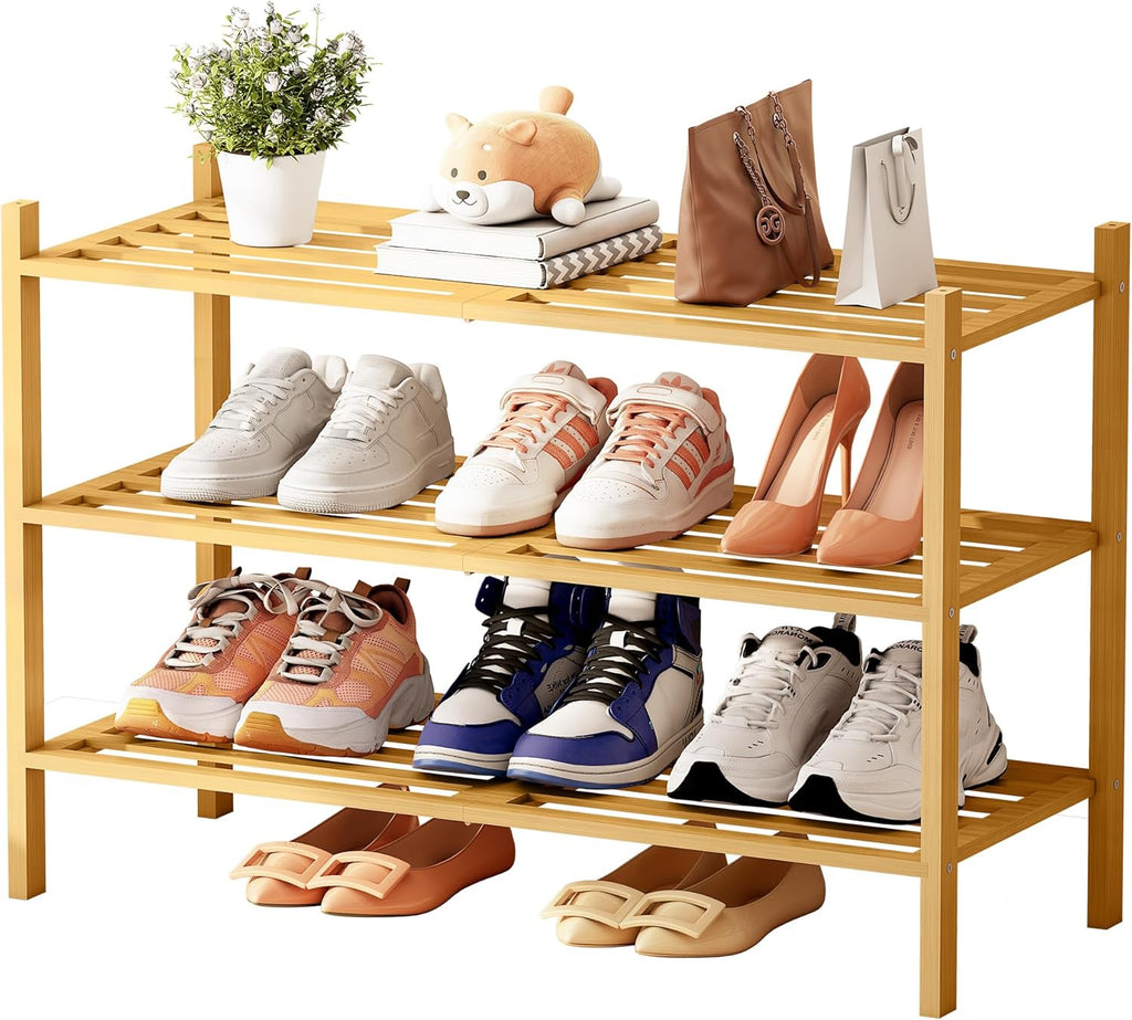 Bamboo Shoe Rack for Closet 3 Tier, Durable Wooden Shoe Rack, Space-Saving Stackable Shoe Organizer for Entryway, Dorm, Garage, Natural
