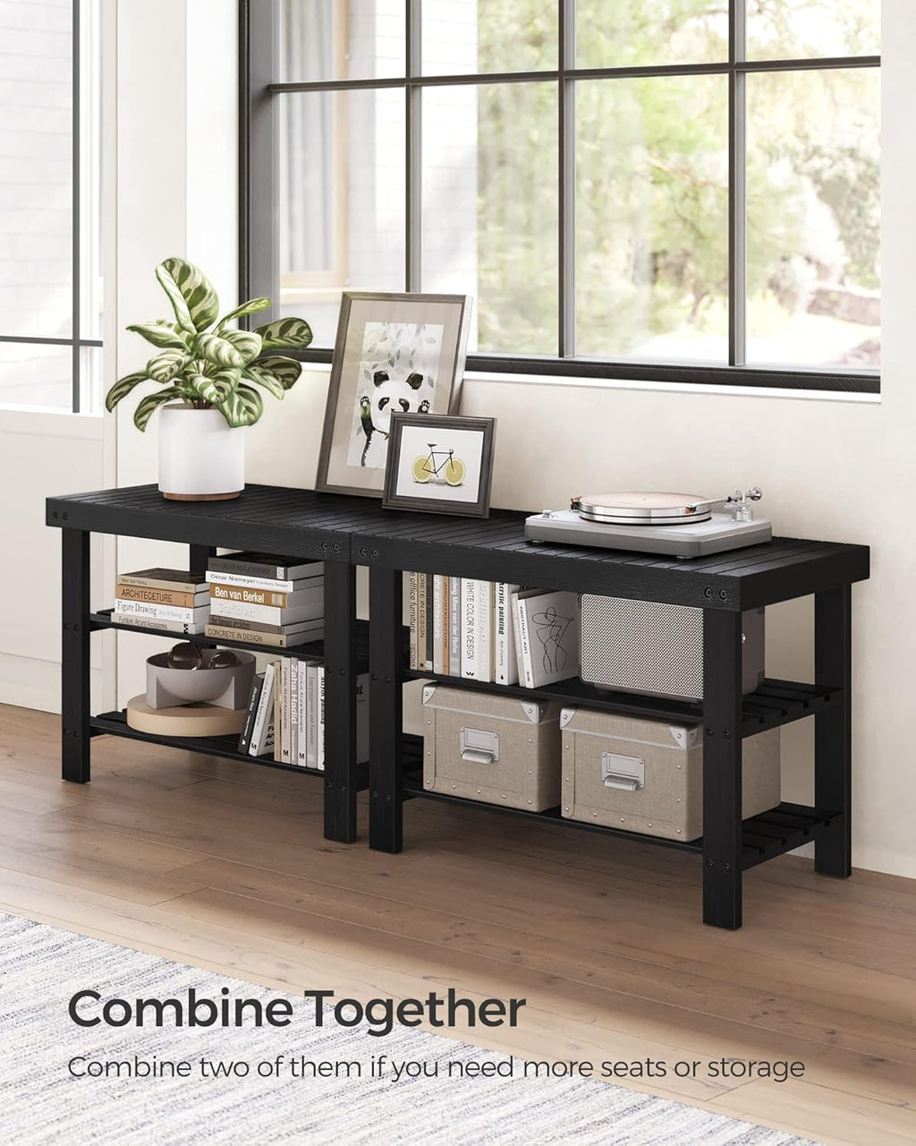 SONGMICS Shoe Rack Bench, 3-Tier Bamboo Shoe Storage Organizer, Entryway Bench, Holds Up to 286 lb, 11.3 x 27.6 x 17.8 Inches, for Entryway Bathroom Bedroom, Ink Black ULBS04H