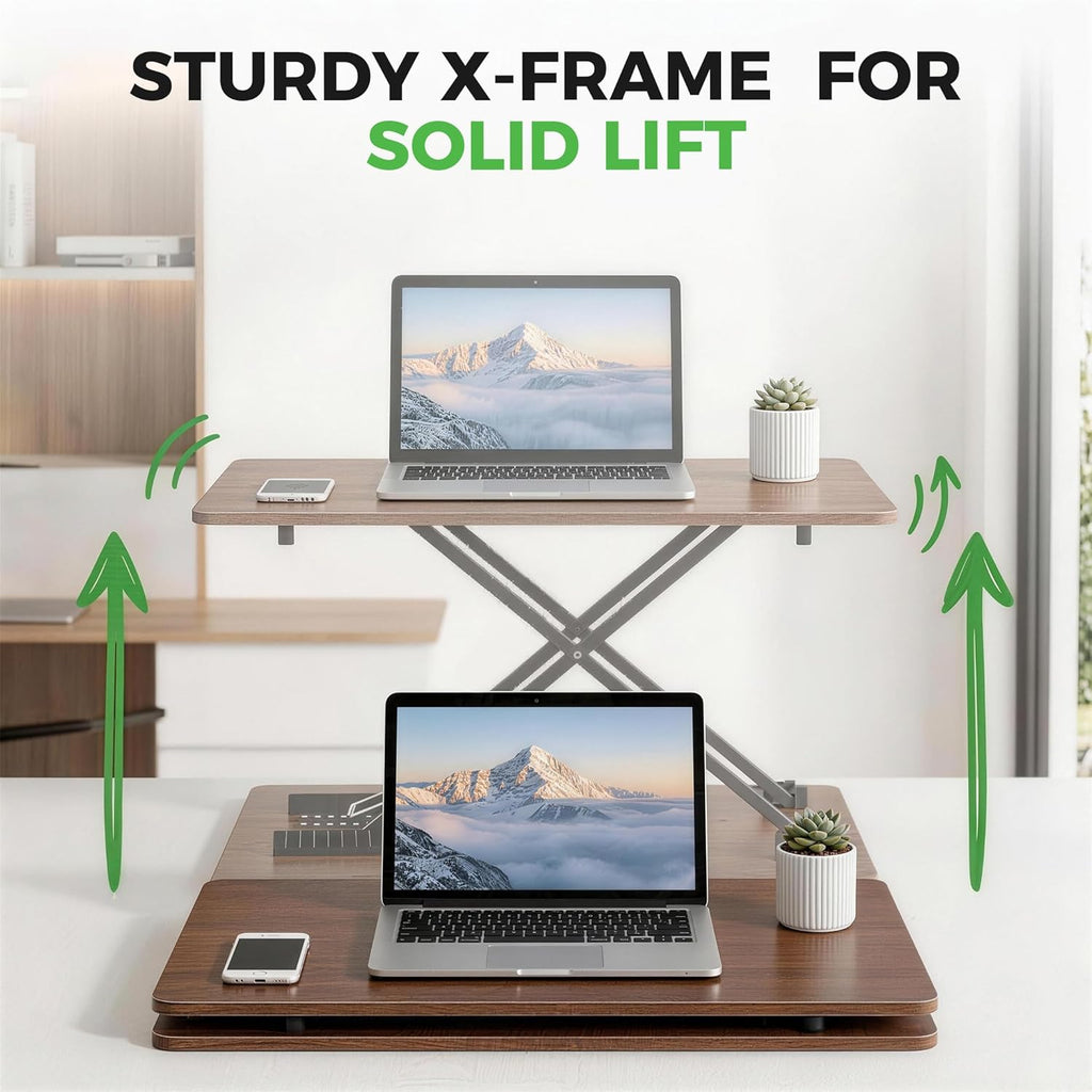 Standing Desk Converter Adjustable Height, 25.16" × 15.75" Height Adjustable Desktop Riser, No Assembly Required, Desktop Workstation for Laptop, Monitor and Office Use (Natural Wood) (Natural)