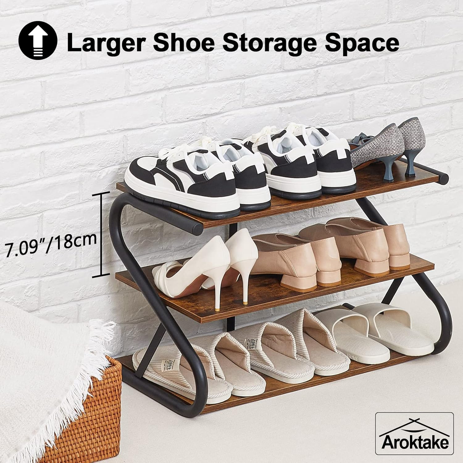 3-Tier Shoe Rack, Wooden Shoe Storage with S Shape Heavy Duty Metal Free Standing, Shoe Organizer Shelf for Entryway, Living Room, Closet, Bedroom (Rustic)
