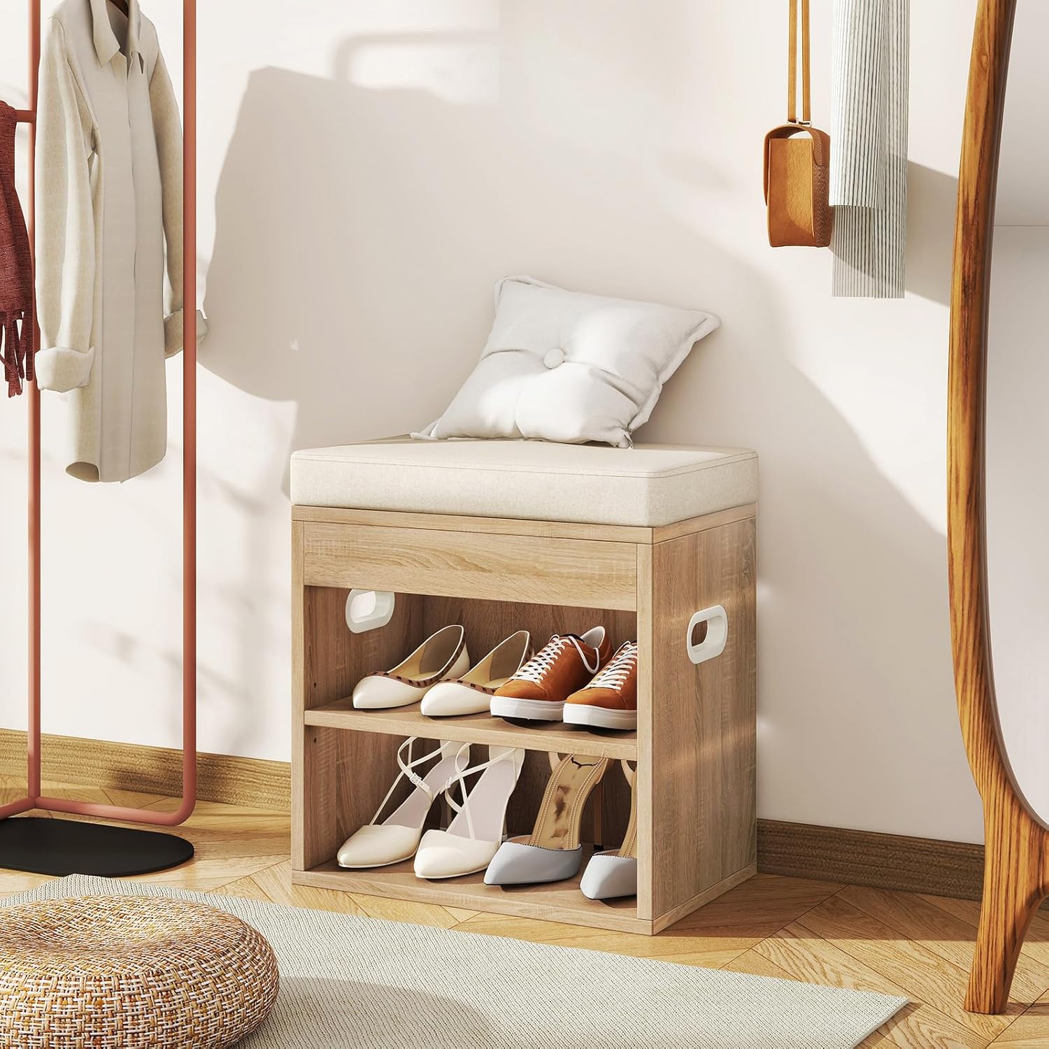 YMYNY Small Shoe Storage Bench with Cushion and Drawer, 2 Tier Adjustable Entryway Bench with Storage, Wooden Shoe Rack Bench for Entryway, Living Room, Hallway, Bedroom, Light Natural, HSC002R