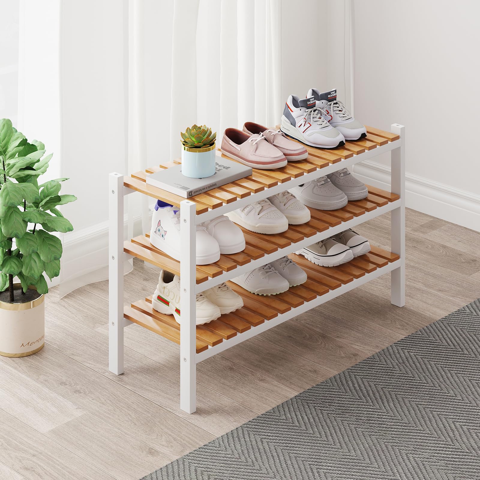 Bamboo Shoe Rack Organizer for Closet and Entryway - Space-Saving Narrow Shoe Stand - Versatile Shoe Holder for Door or Closet Shelf,Garage Bedroom can Freely Stack DIY Small Shoe Racks 3 Tier Brown