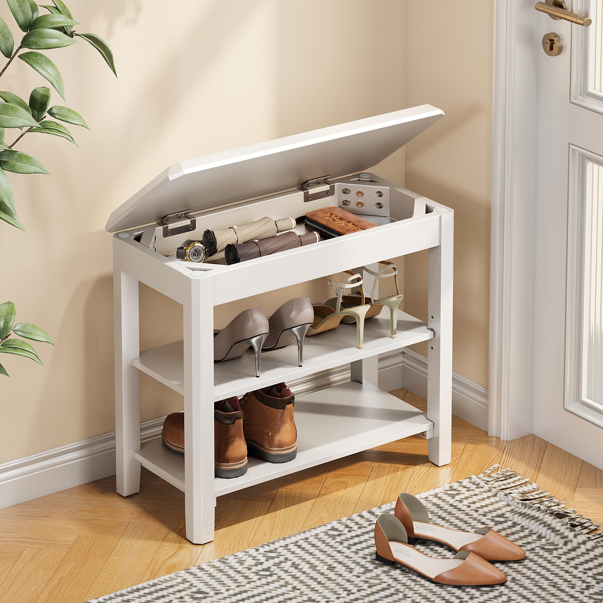 Shoe Rack Bench Seat Rubberwood 3-Tier Wooden Storage Bench 550lbs Compact Mid-Century Modern Design for Entryway, Hallway, Closet, Front Door Entrance, Foyer
