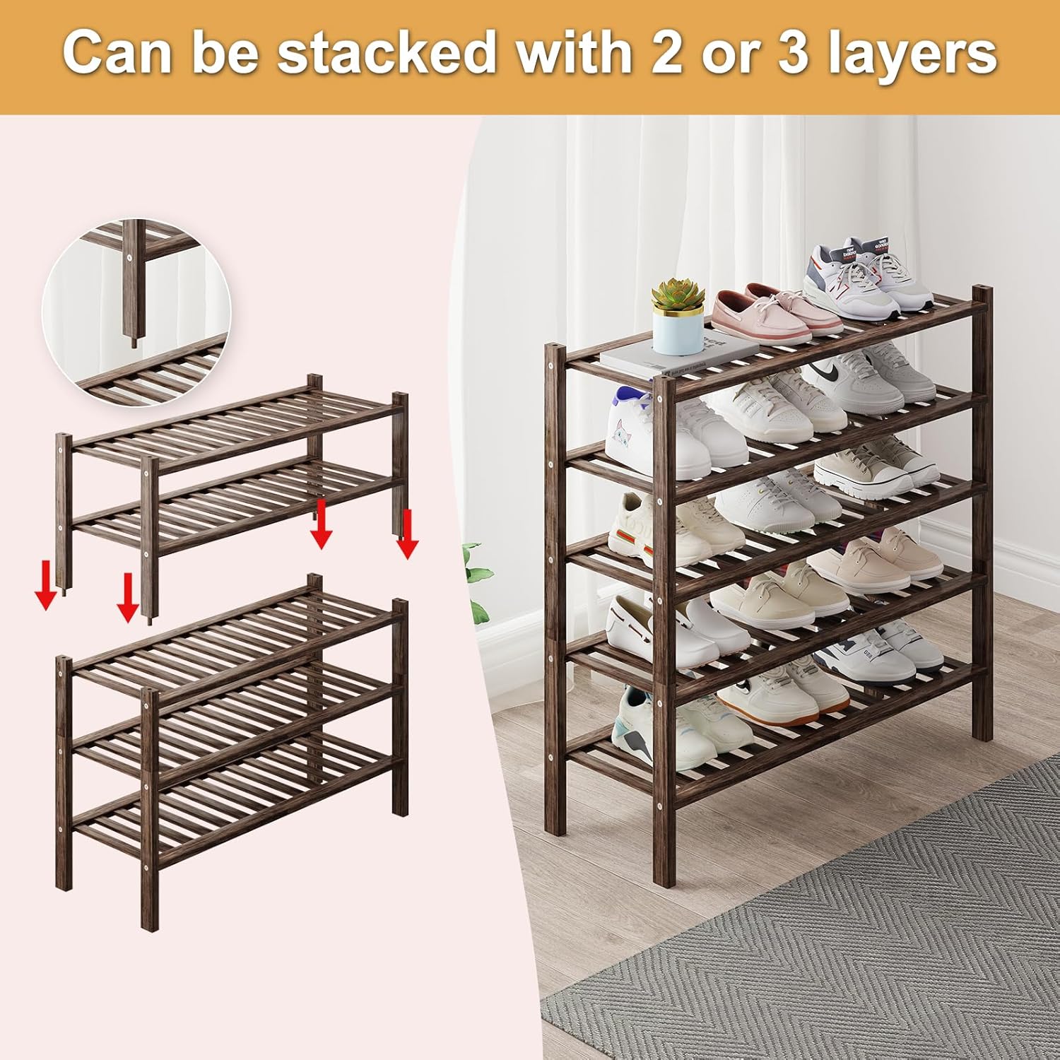 Bamboo Shoe Rack Organizer for Closet and Entryway - Space-Saving Narrow Shoe Stand - Versatile Shoe Holder for Door or Closet Shelf,Garage Bedroom can Freely Stack DIY Small Shoe Racks 3 Tier Brown