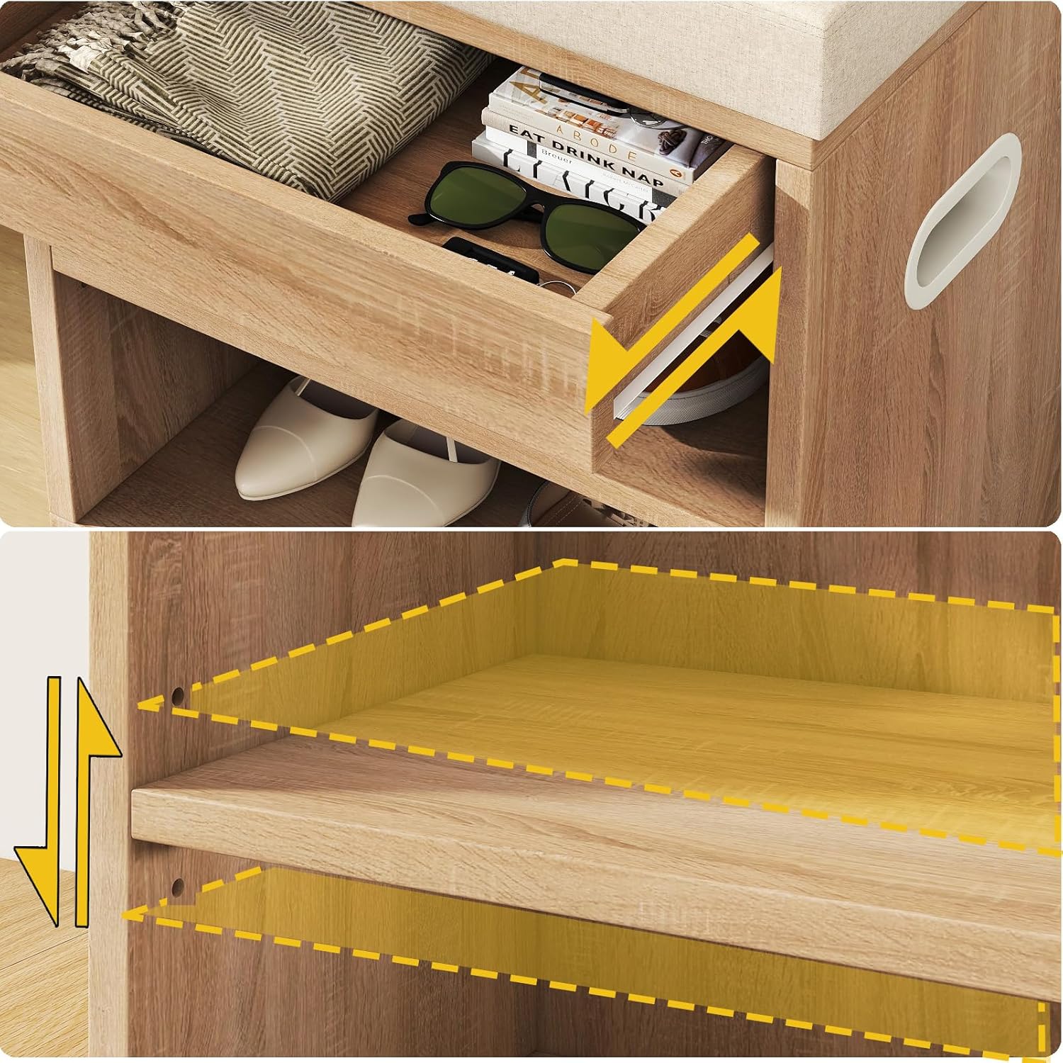 YMYNY Small Shoe Storage Bench with Cushion and Drawer, 2 Tier Adjustable Entryway Bench with Storage, Wooden Shoe Rack Bench for Entryway, Living Room, Hallway, Bedroom, Light Natural, HSC002R