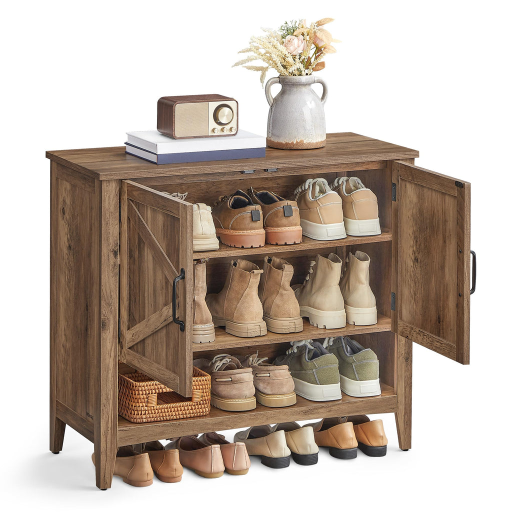 VASAGLE LIRY Collection - Shoe Cabinet, 3-Tier Storage Organizer, Shoe Shelf, Farmhouse Freestanding Cabinet, Height-Adjustable Shelf, 13.8 x 31.5 x 27.6 Inches, Rustic White ULBC038W01