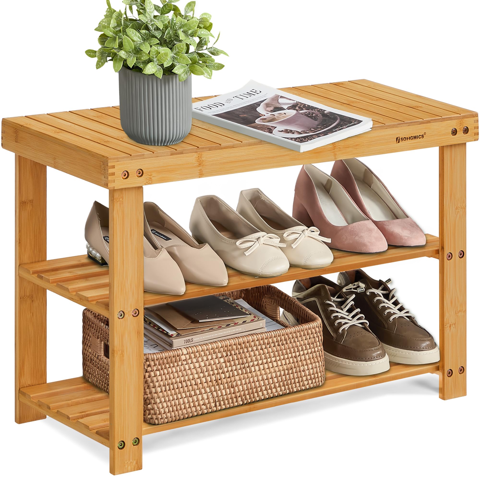 SONGMICS Shoe Rack Bench, 3-Tier Bamboo Shoe Storage Organizer, Entryway Bench, Holds Up to 286 lb, 11.3 x 27.6 x 17.8 Inches, for Entryway Bathroom Bedroom, Ink Black ULBS04H