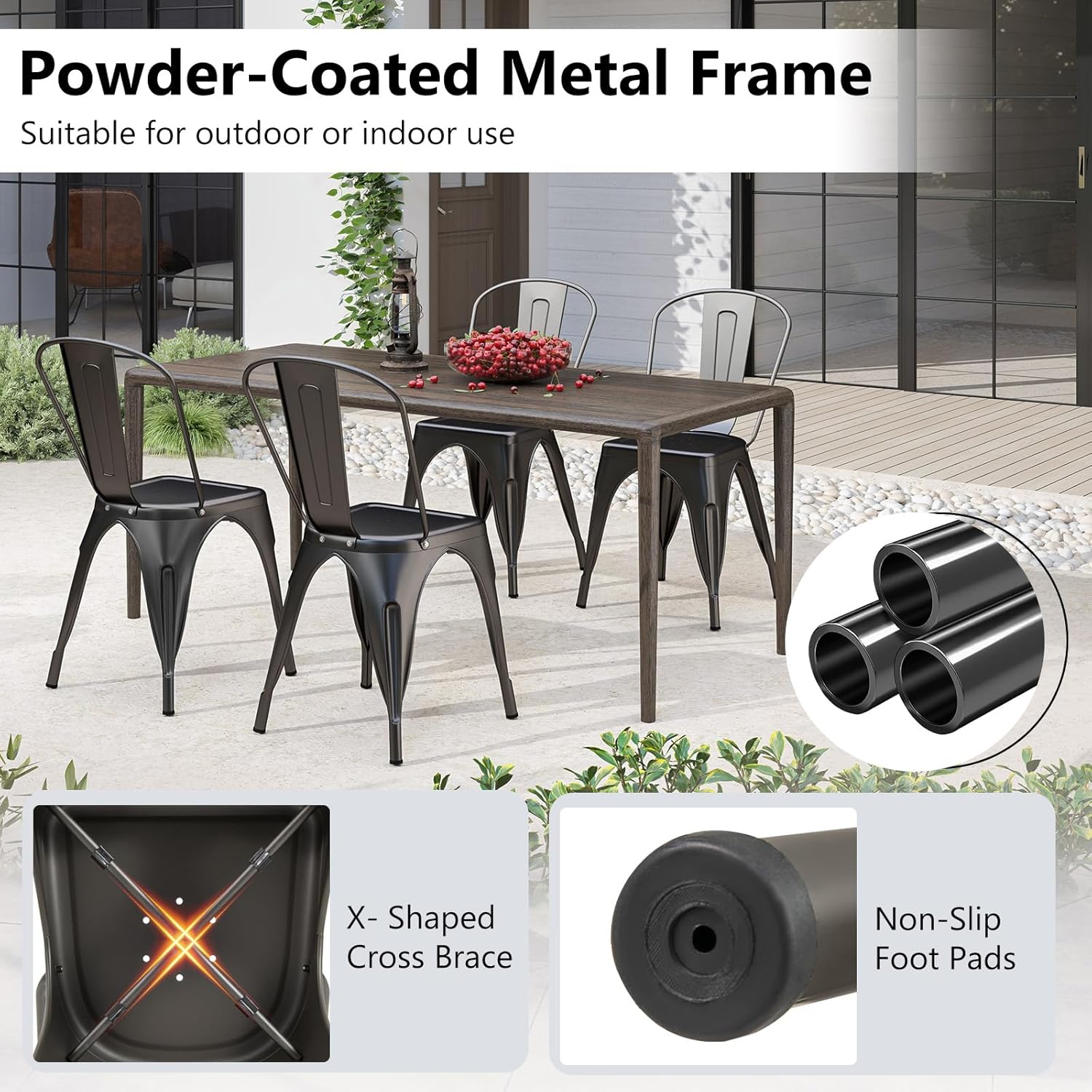 COSTWAY Metal Dining Chairs Set of 4, 18 Inch Stackable Industrial Kitchen Tolix Side Chairs with Detachable High Back for Dining Room, Cafe, Restaurant, Bistro (Bronze)