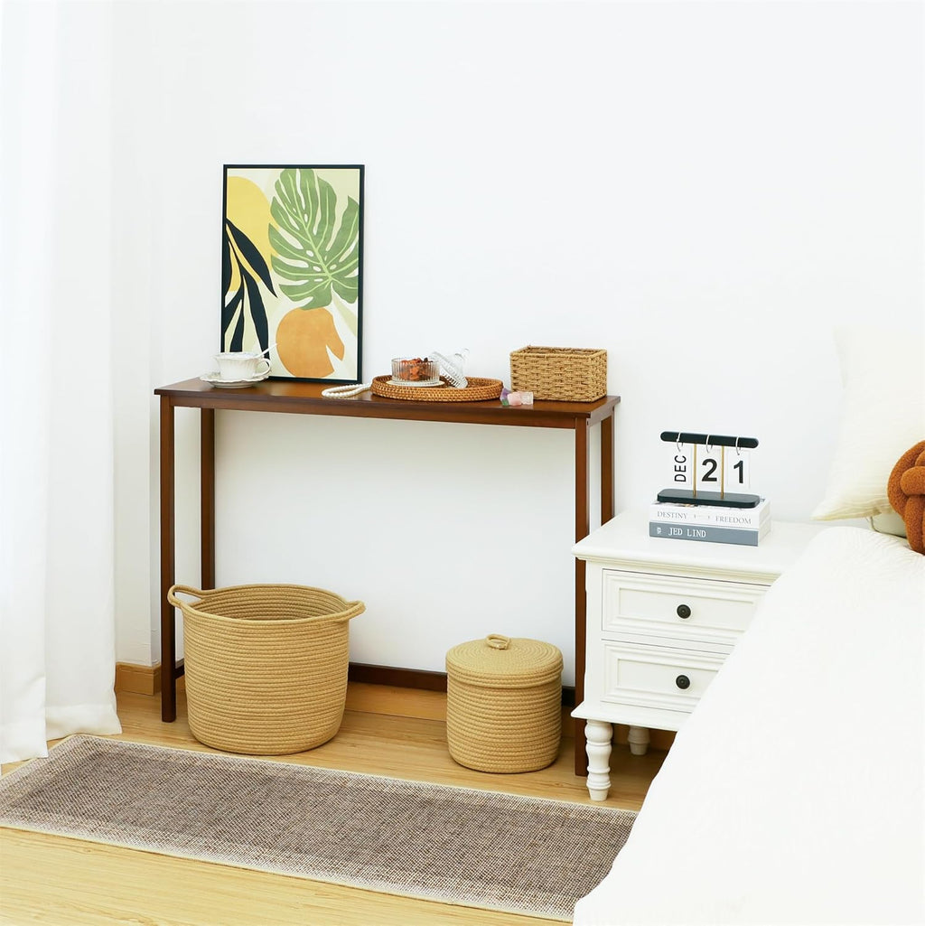 Bamboo Narrow Console Table, 39.4"(L) Wood Small Entryway Table, Accent Slim Hallway Tables, Thin Sofa Side Tables for Hallway, Living Room, Bedroom, Foyer, Walnut