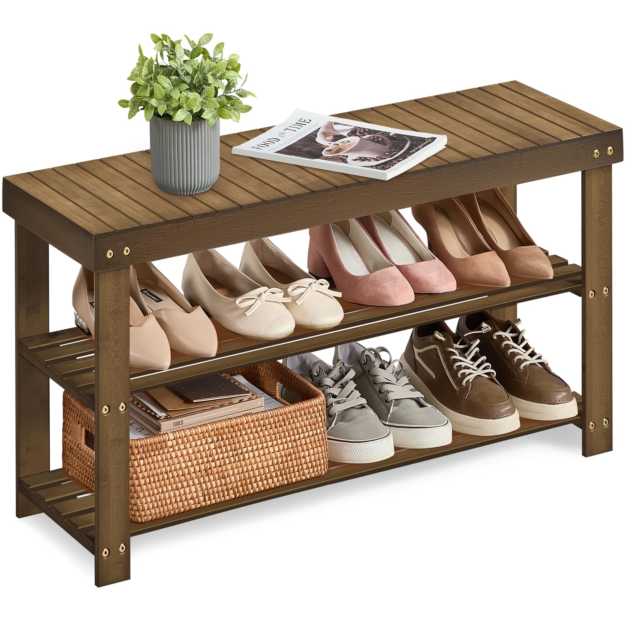 SONGMICS Shoe Rack Bench, 3-Tier Bamboo Shoe Storage Organizer, Entryway Bench, Holds Up to 286 lb, 11.3 x 27.6 x 17.8 Inches, for Entryway Bathroom Bedroom, Ink Black ULBS04H