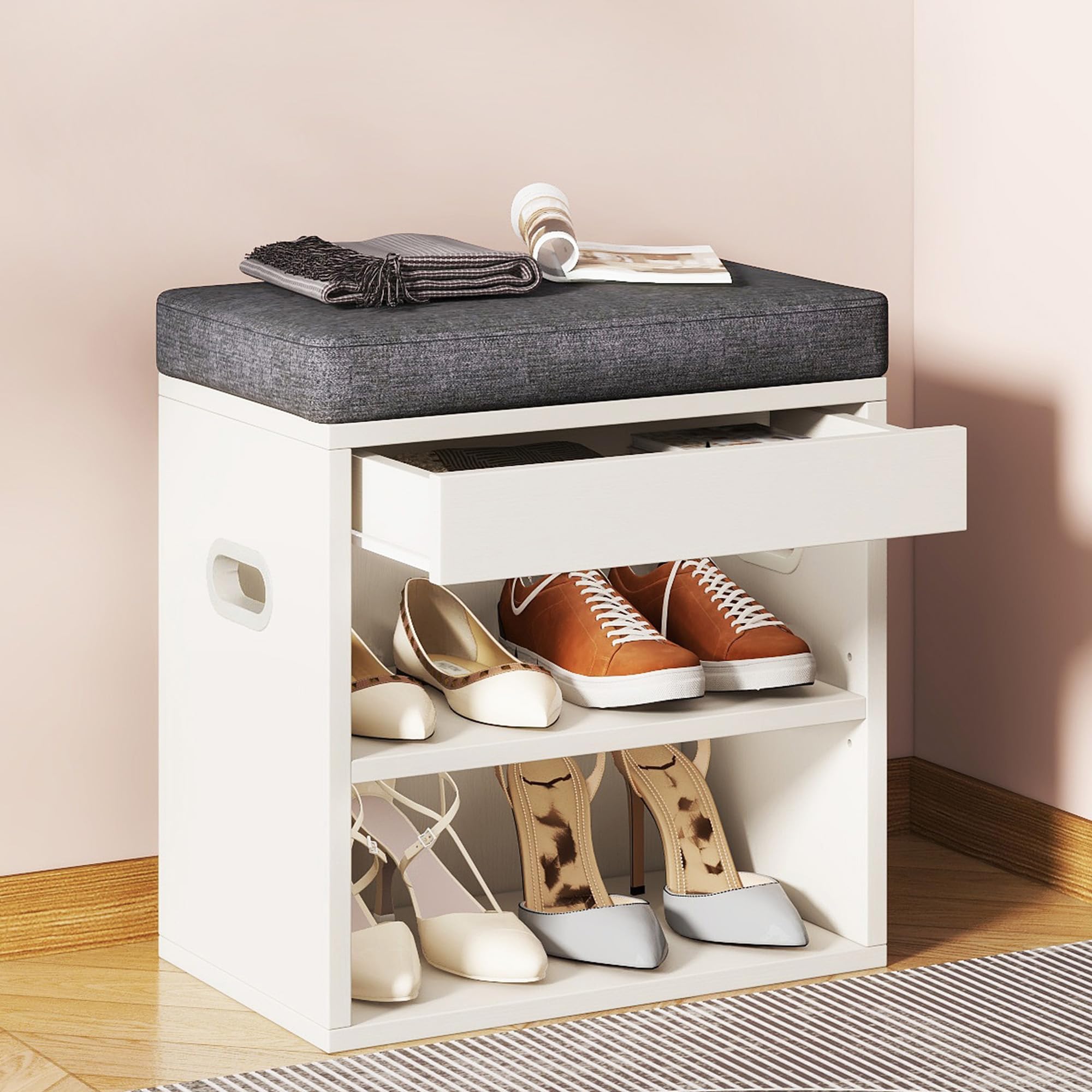 YMYNY Small Shoe Storage Bench with Cushion and Drawer, 2 Tier Adjustable Entryway Bench with Storage, Wooden Shoe Rack Bench for Entryway, Living Room, Hallway, Bedroom, Light Natural, HSC002R